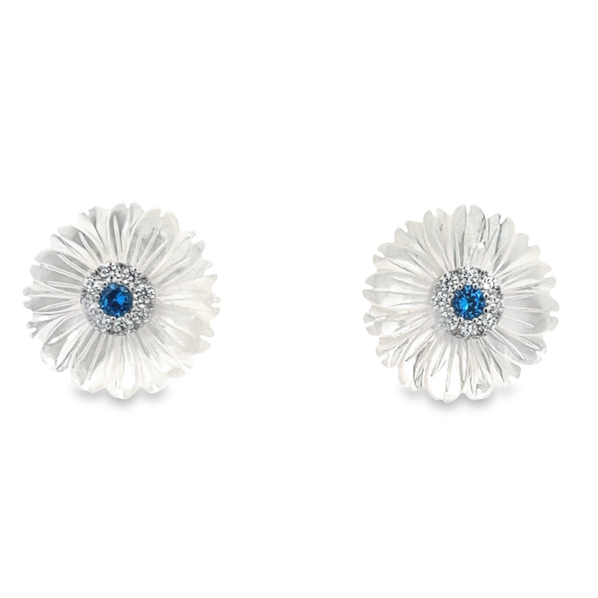 EARRING 925 SILVER FLOWER MEDIUM LARGE MOTHER OF PEARL SHELL BLUE SILVER