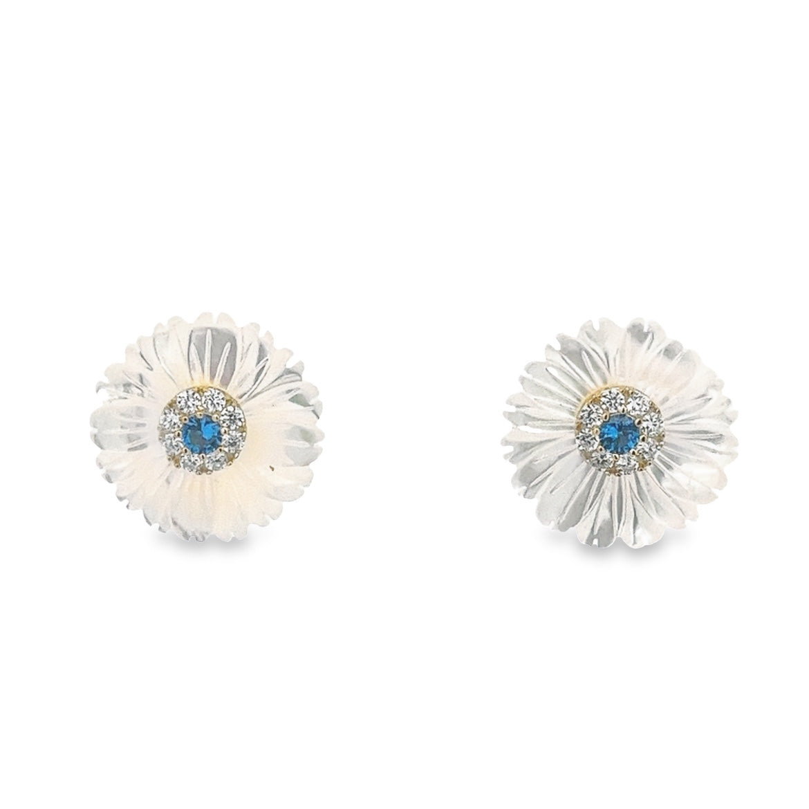 EARRING 925 SILVER FLOWER MEDIUM LARGE MOTHER OF PEARL SHELL BLUE GOLDEN
