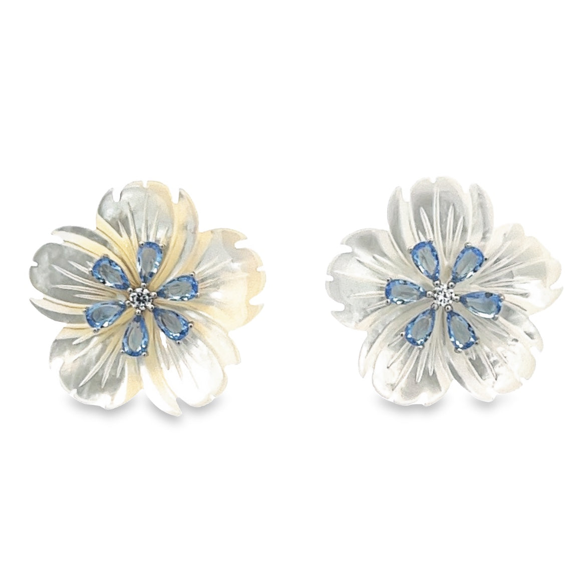 EARRING 925 SILVER TWO MOTHER OF PEARL SHELL FLOWERS SKY BLUE SILVER