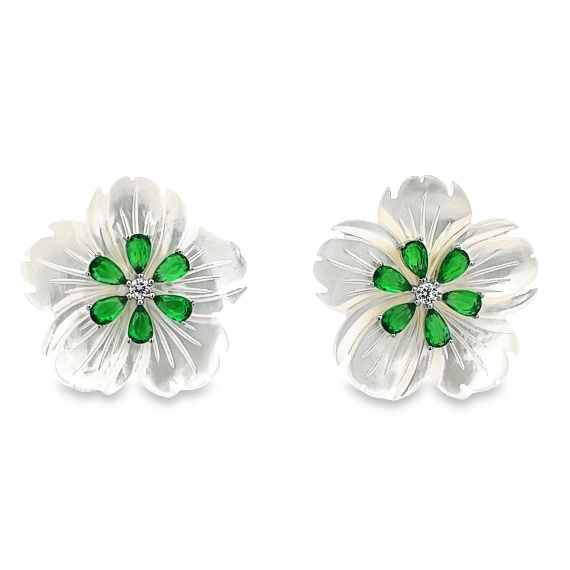 EARRING 925 SILVER TWO MOTHER OF PEARL SHELL FLOWERS ESMERALD SILVER