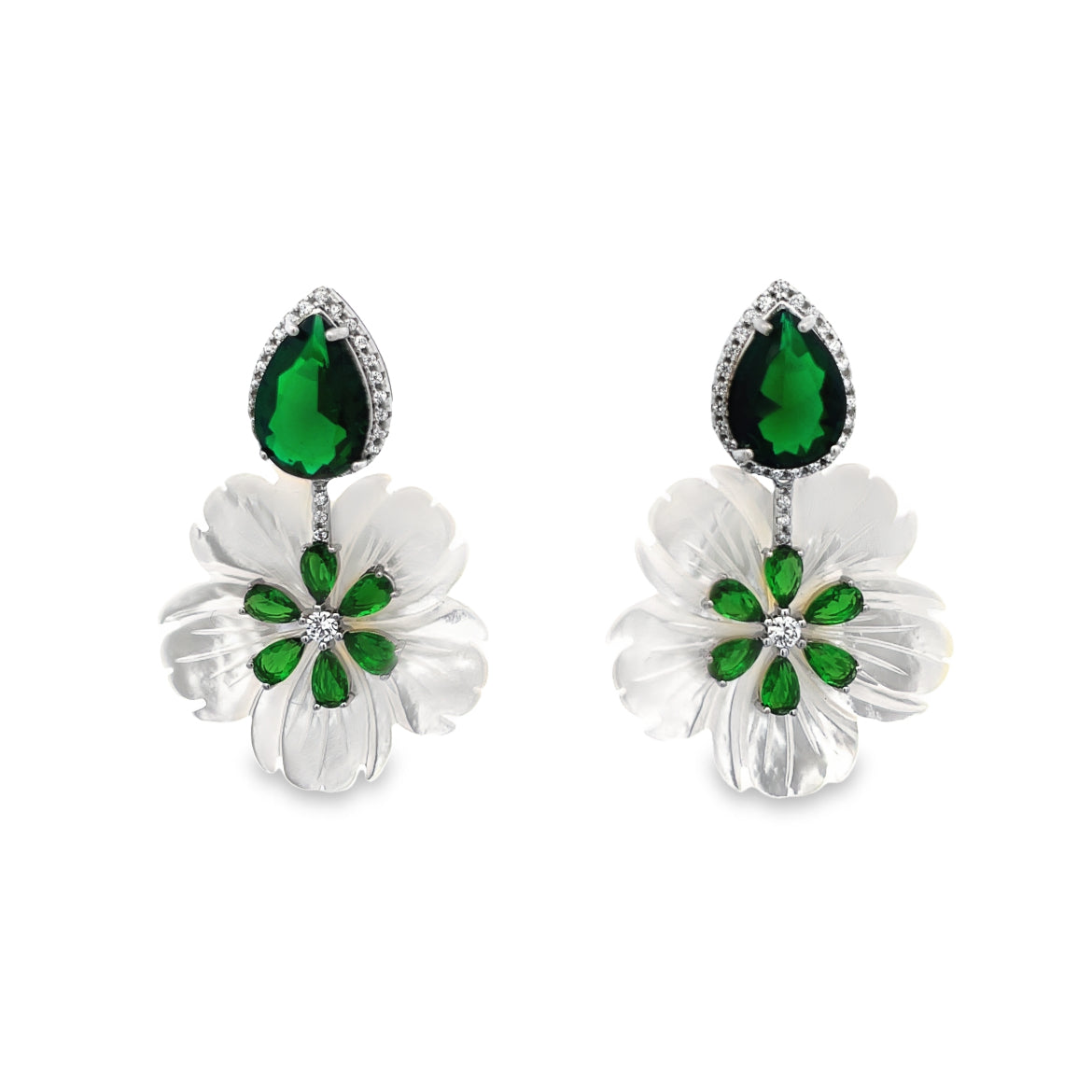 EARRING 925 SILVER TWO MOTHER OF PEARL SHELL FLOWERS WITH STONES ESMERALD SILVER