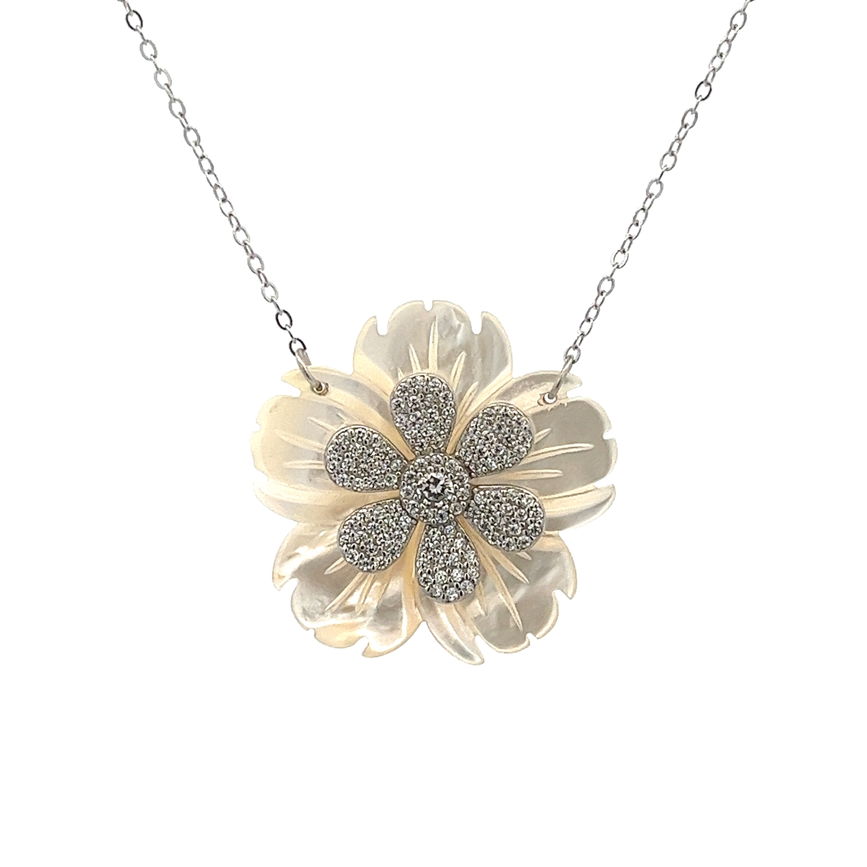 NECKLACE 925 SILVER MOTHER OF PEARL SHELL FLOWERS AND FLOWER CRISTAL