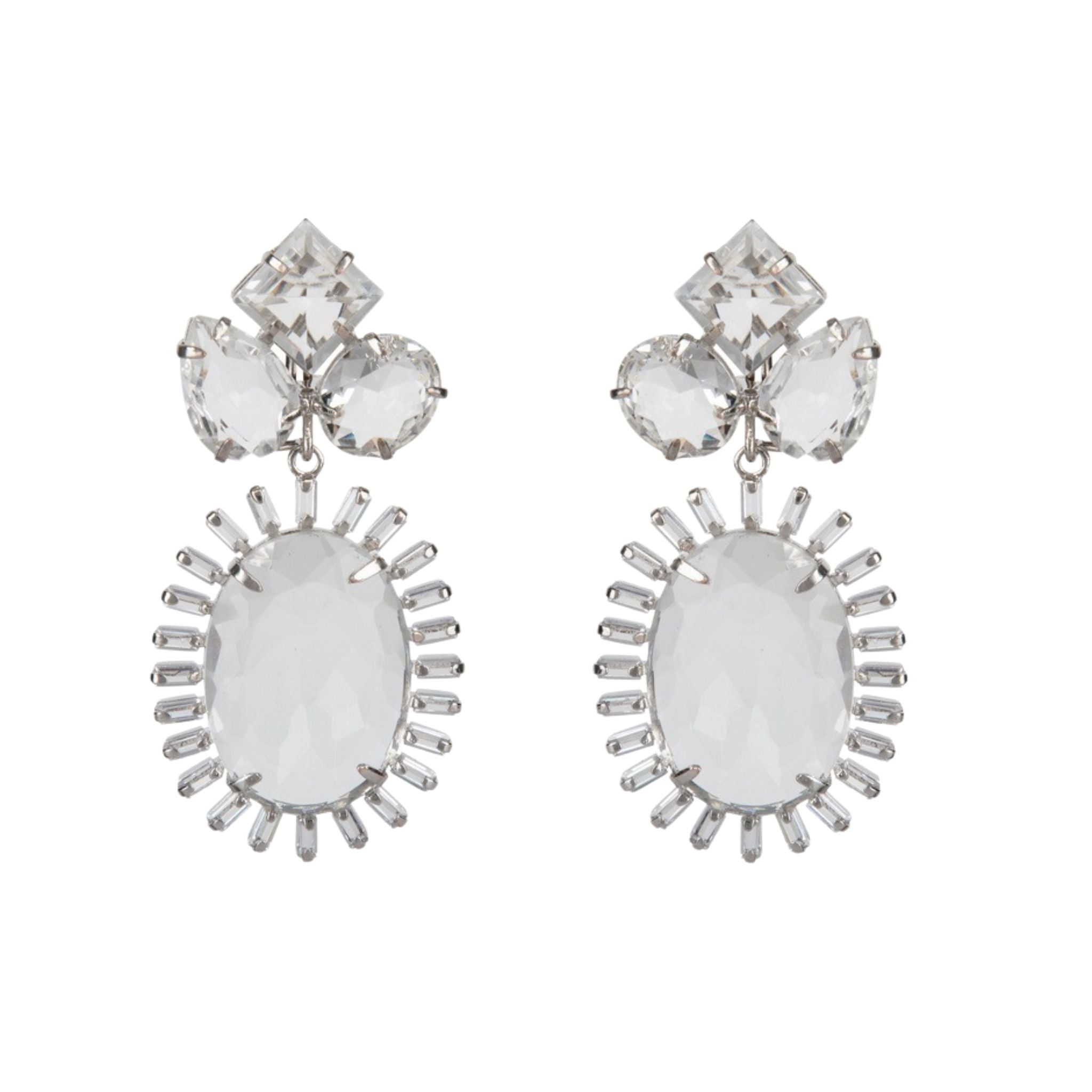 EARRINGS RHODIUM PLATED CLUSTER TOP ROUND OVAL PEAR SHAPE WITH 26X19 OVAL SURROUNDED WITH CZ ALL CLE