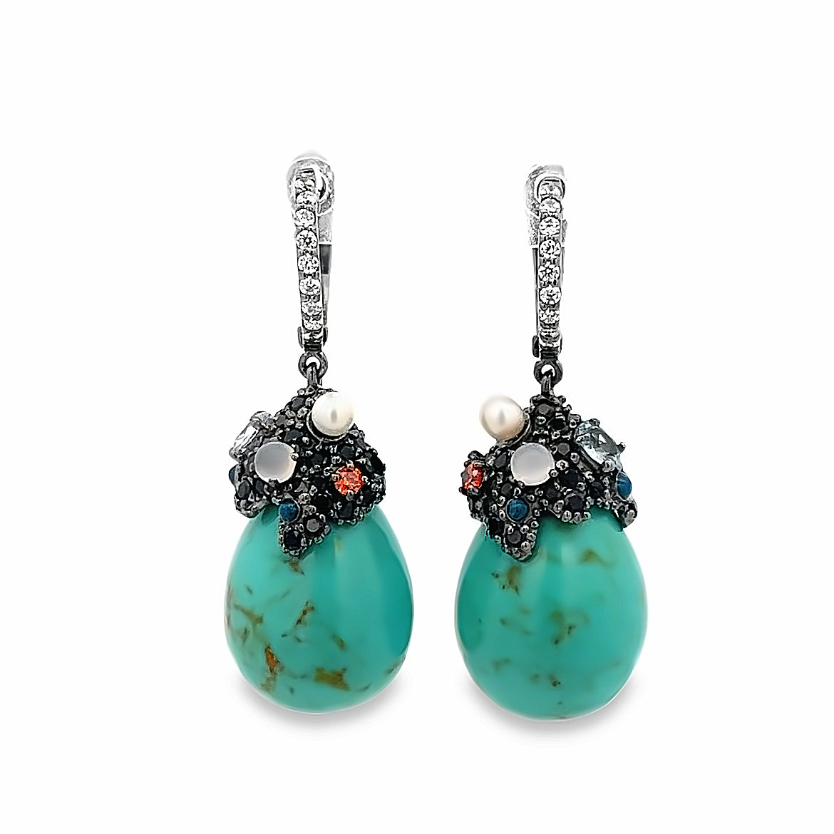 EARRING SILVER CENTER SYN TURQUOISE MOON STONE PI PP OR YL BL WHITE CZ