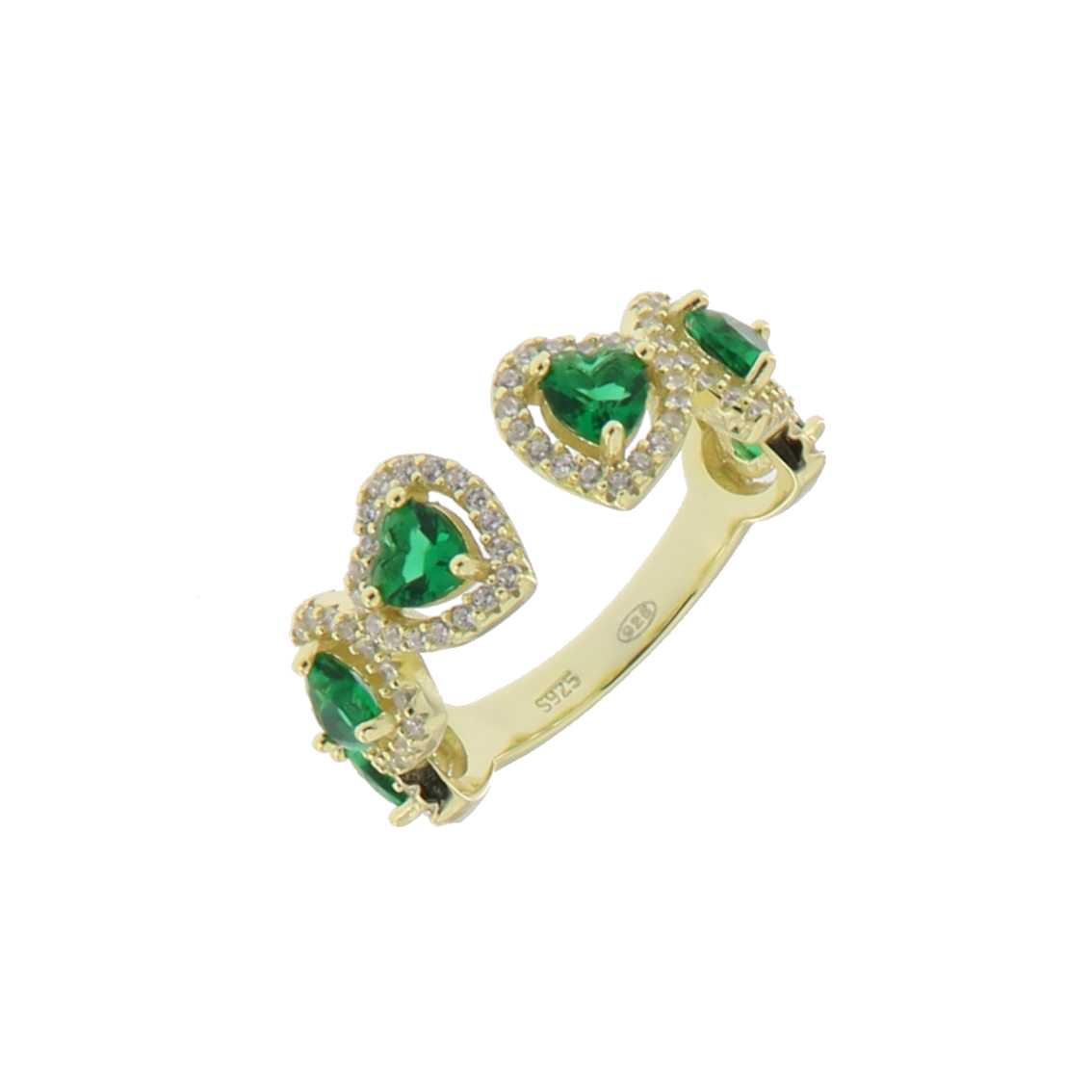 925YG OUTLINE HEART STUD CZ GREEN OPEN RING T7