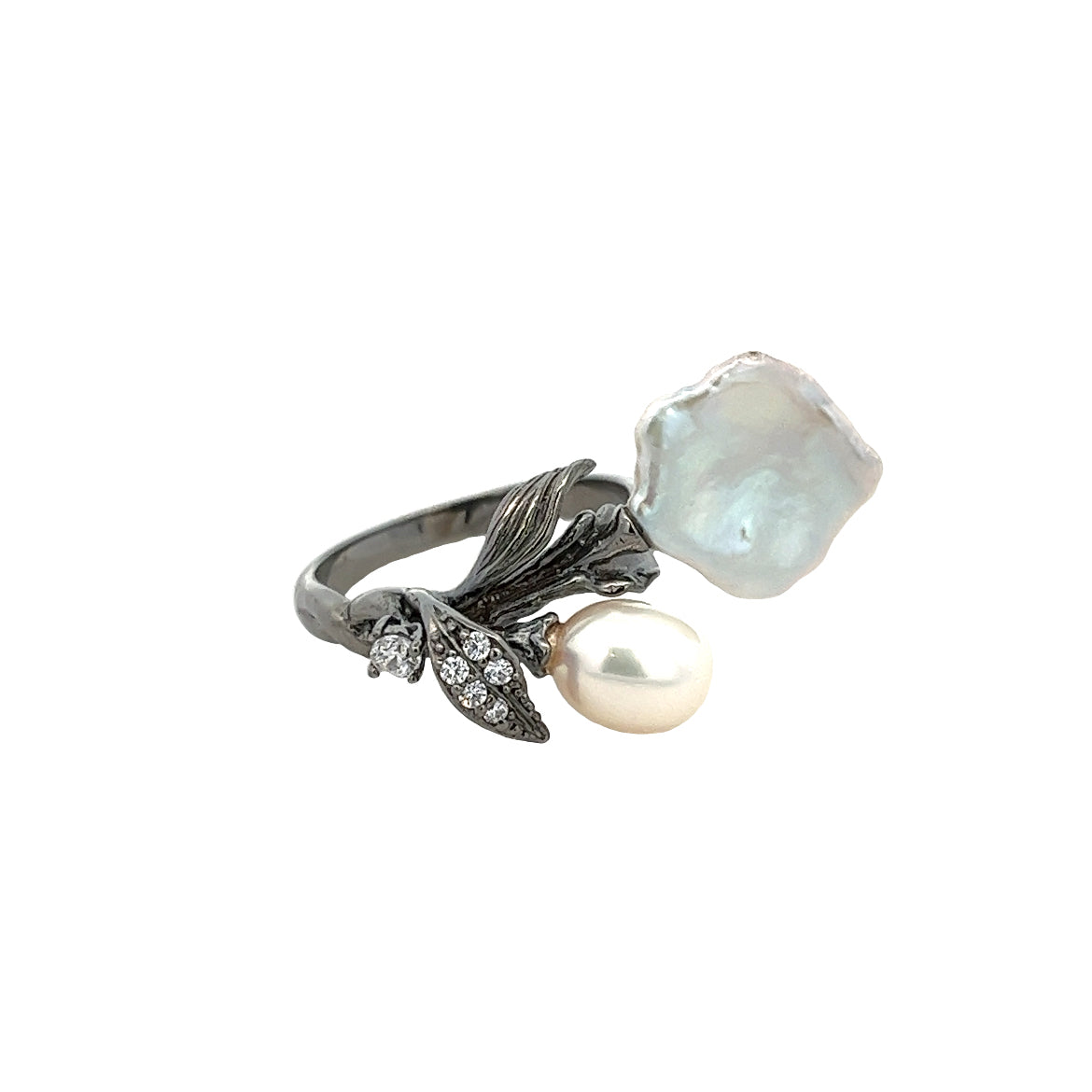 RING SILVER CENTER WHITE CZ FRESH WATER WHITE PEARL BP