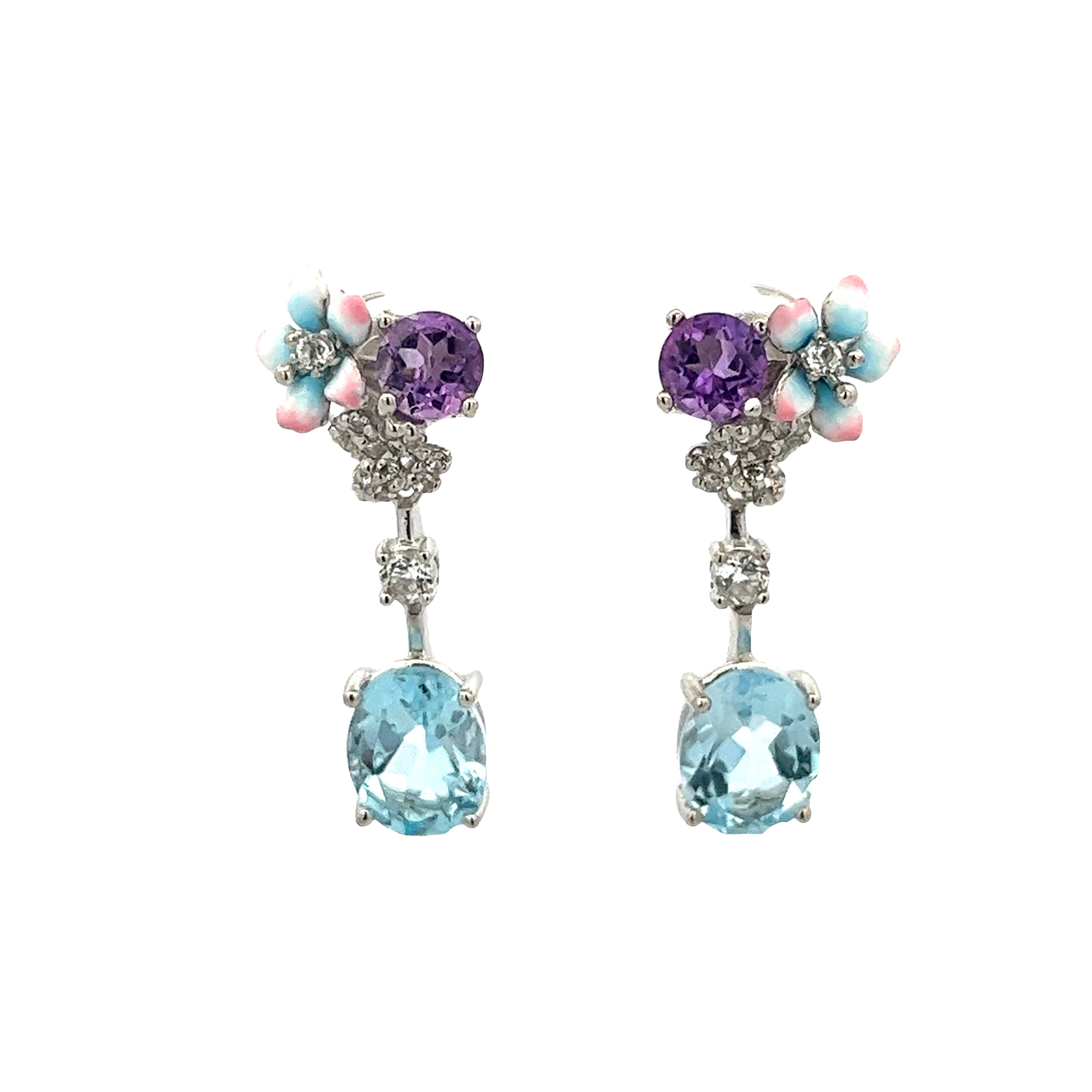 EARRING SILVER CENTER BLUE TOPAZ AMETHYST WHITE TOPAZ