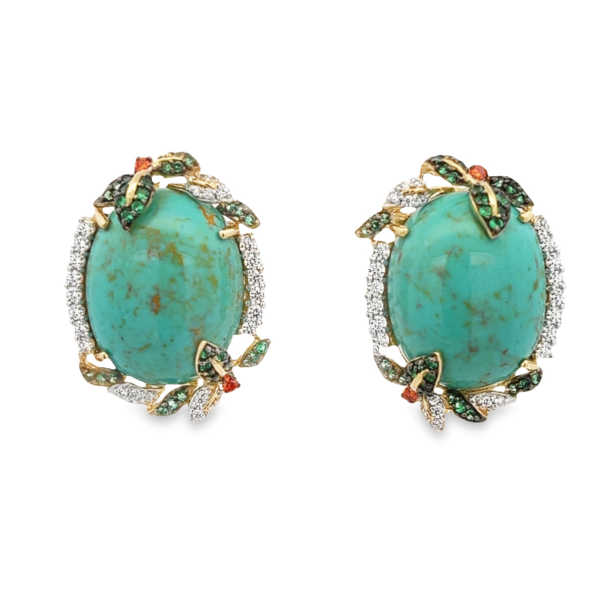 EARRING SILVER CENTER SYN TURQUOISE WHITE CZ GREEN ORANGE CZ