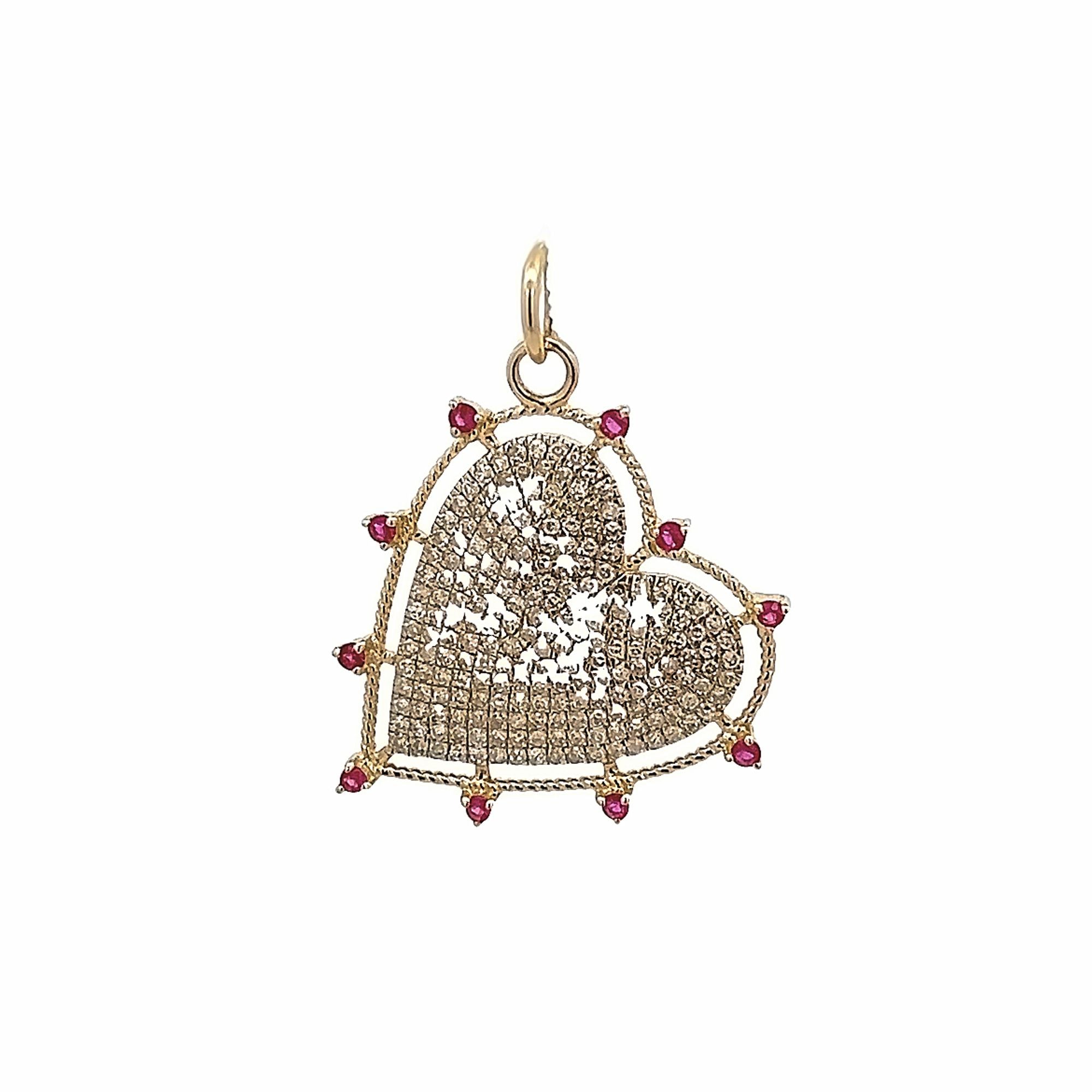 D0.67CT 14KY HEART PAVE OUTLINE HEART RUBY PENDANT RB0.22CT