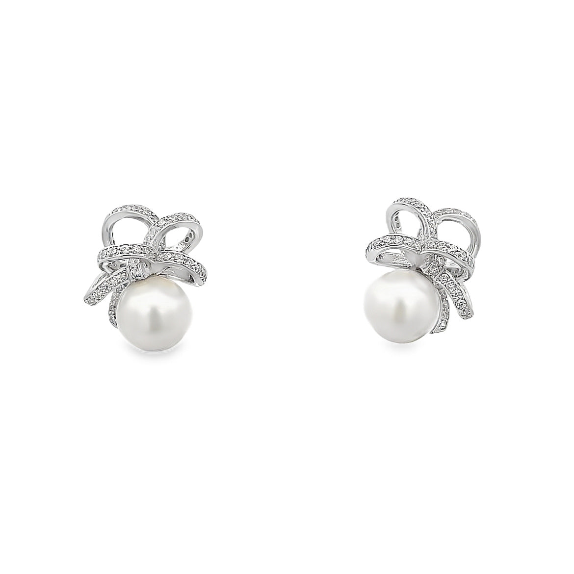 925SL RIBBON KNOT PAVE AND PEARL EARRINGS