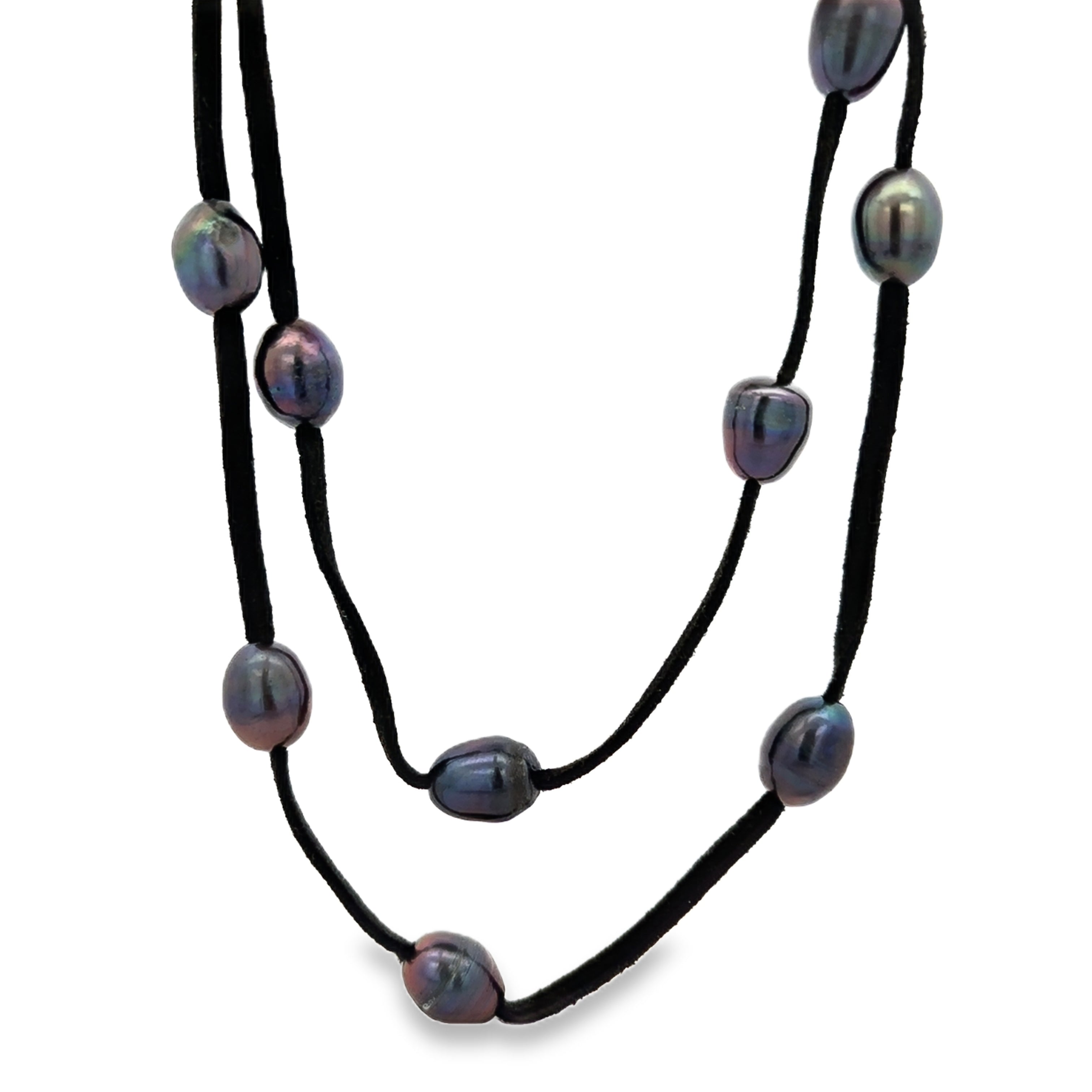 PEACOCK PEARL ON SUEDE NECKLACE 11MM