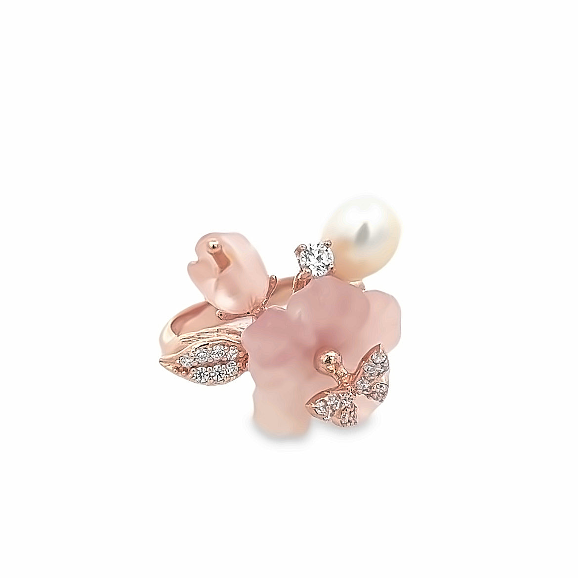 RING SILVER CENTER ROSEQUARTZ CZ CHAMPANGE CZ SYN PINK WHITE CZ