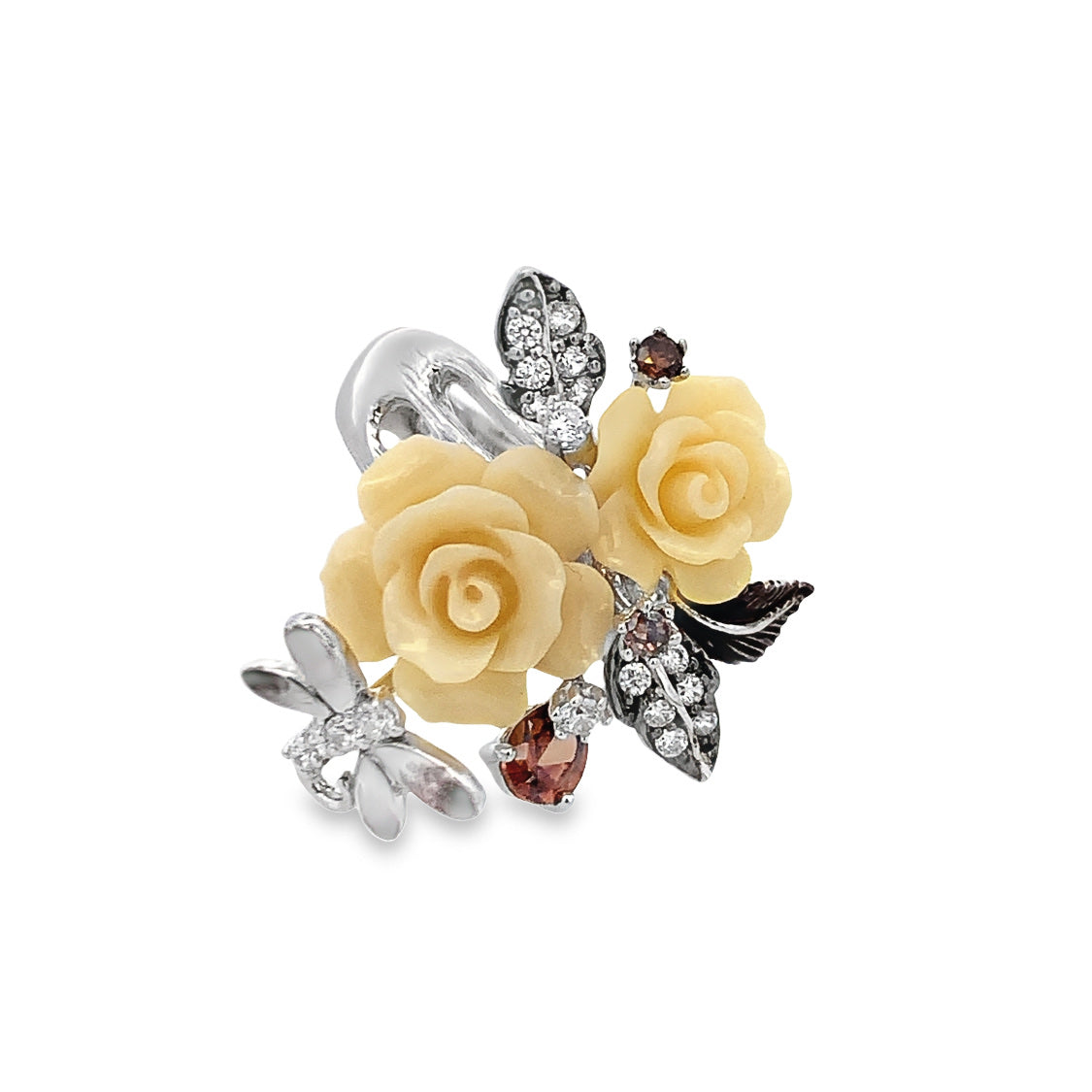 RING SILVER CENTER FL  WHITE BROWN CZ CZ ENAMEL