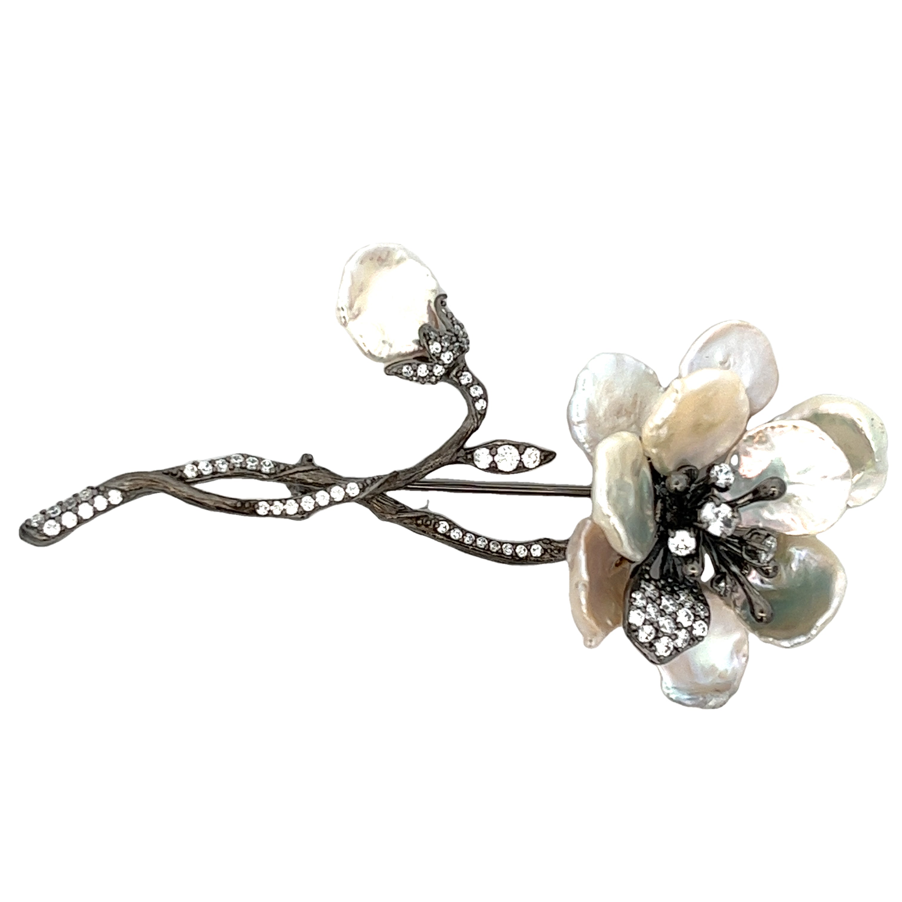 BROOCH SILVER CENTER WHITE CZ FRESH WATER WHITE PEARL BP