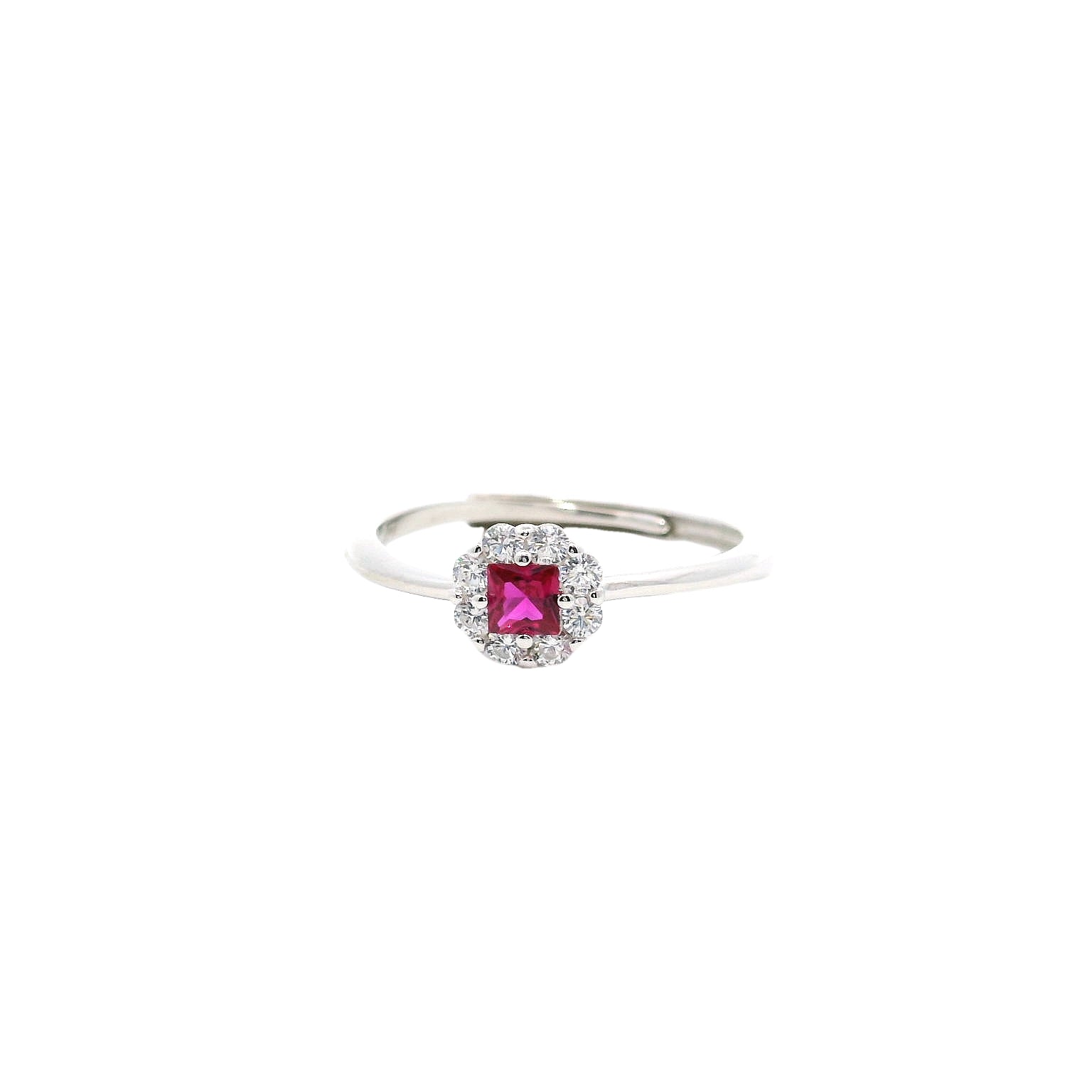 925SS ROUND HALO WHITE PINKISH RED CZ ADJUSTABLE RING