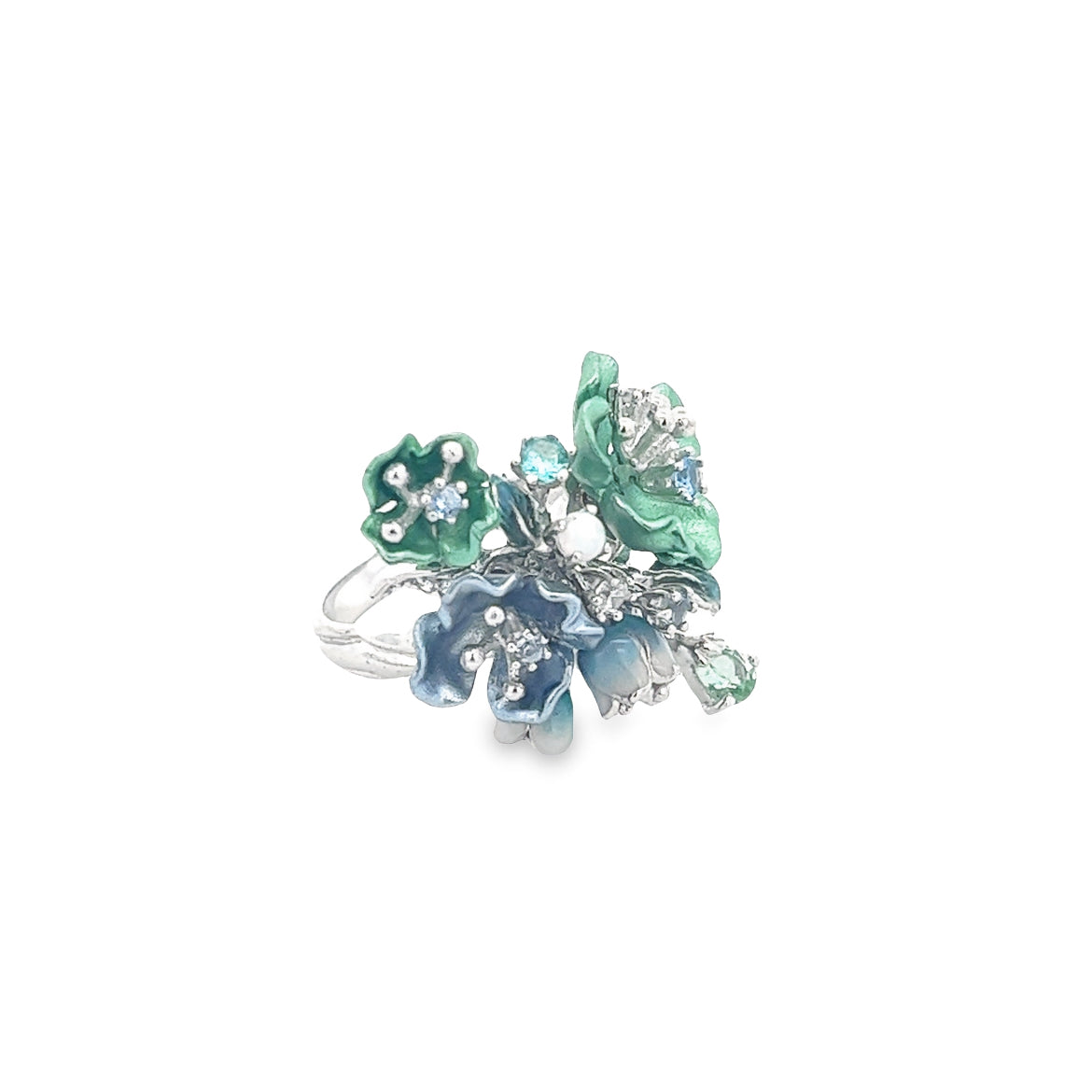 RING SILVER ALUMINIUM BLUE PARAIBA SYN BLUE TOPAZ GREEN OPAL WHITE CZ