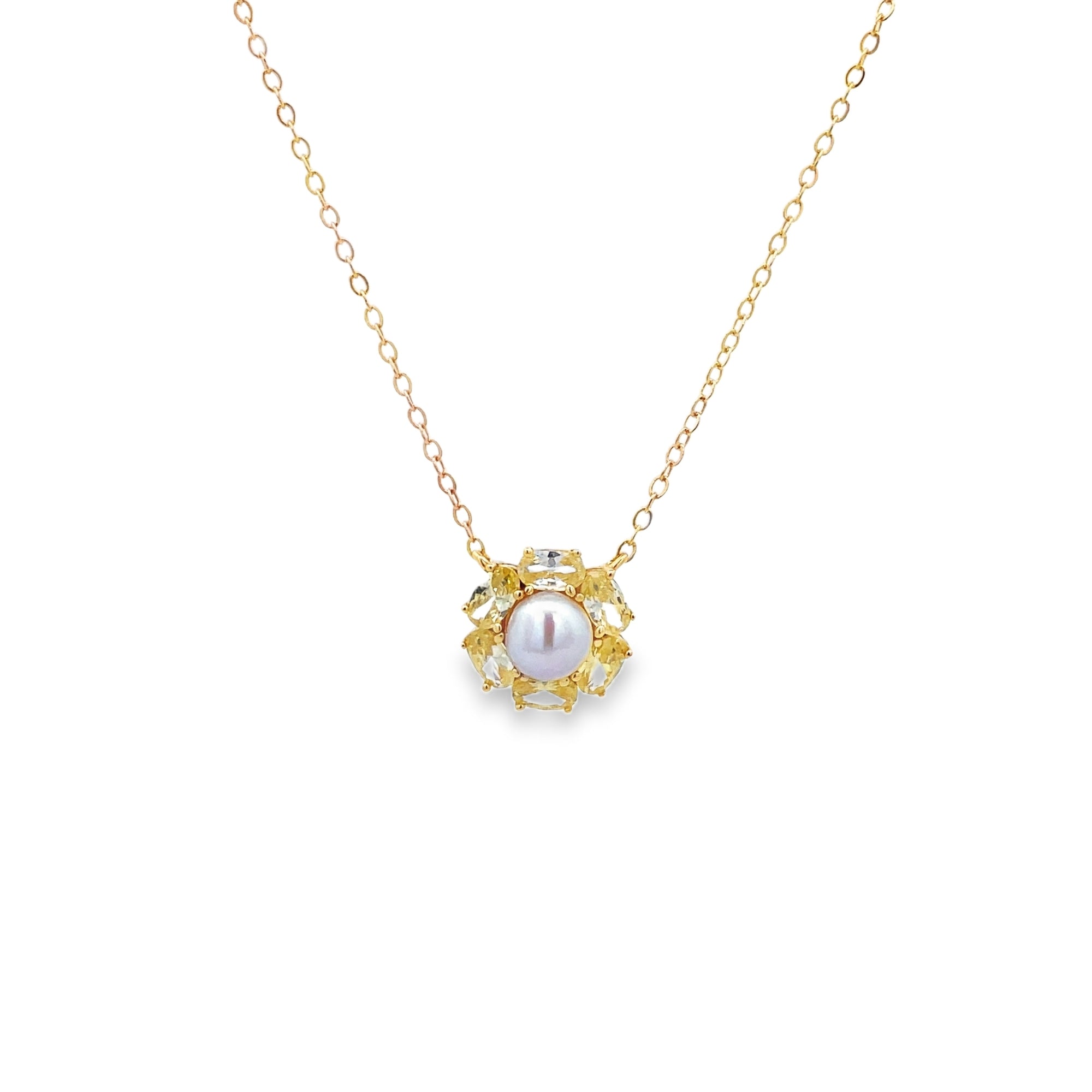 925YG FLOWER WITH 6 PETALS AND PEARL CENTER CZ YELLOW NECKLACE