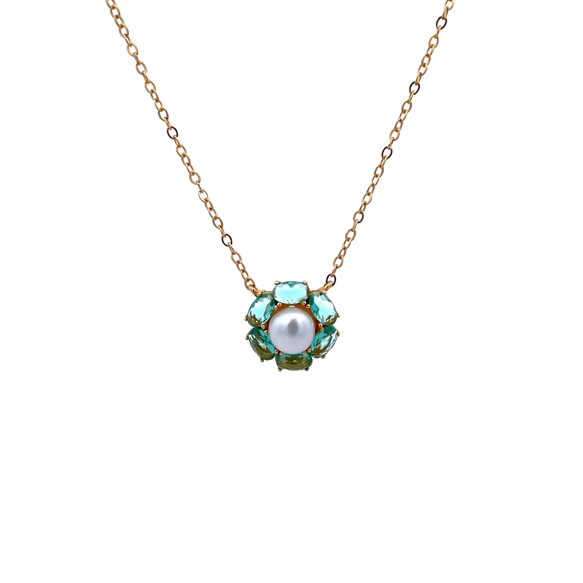 925YG FLOWER WITH 6 PETALS AND PEARL CENTER CZ AQUA NECKLACE
