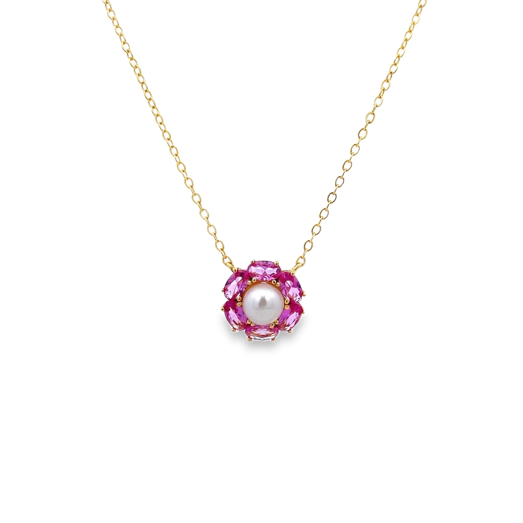 925YG FLOWER WITH 6 PETALS AND PEARL CENTER CZ PINK NECKLACE