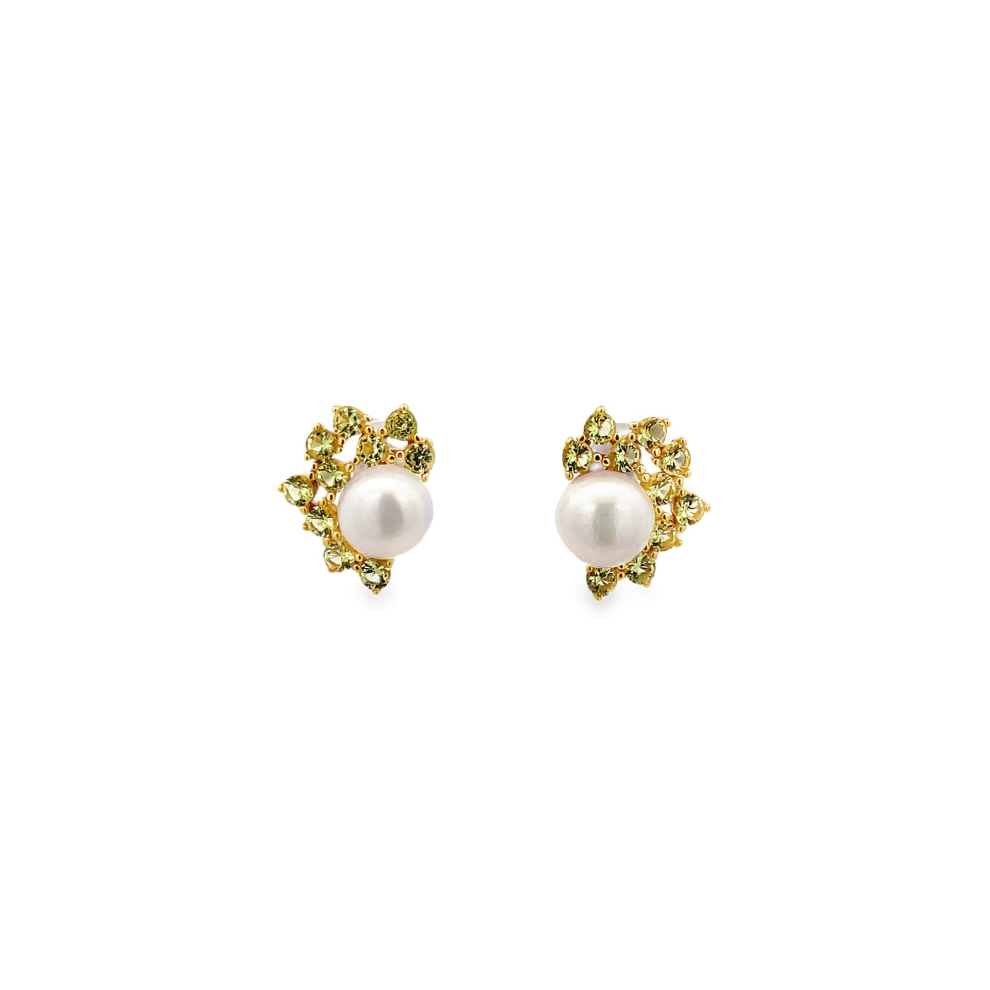 925YG SEMI CLUSTER PEARL 6MM CZ GREEN EARRINGS