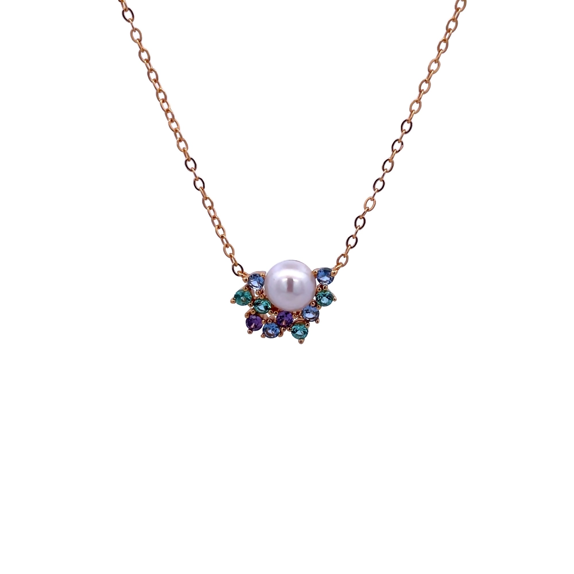 925YG SEMI CLUSTER PEARL 6MM MULTI COLOR STONE NECKLACE