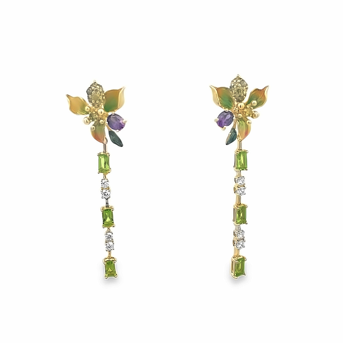 925YG FLOWER GREEN AND LARIAT CRYSTAL GREEN EARRINGS
