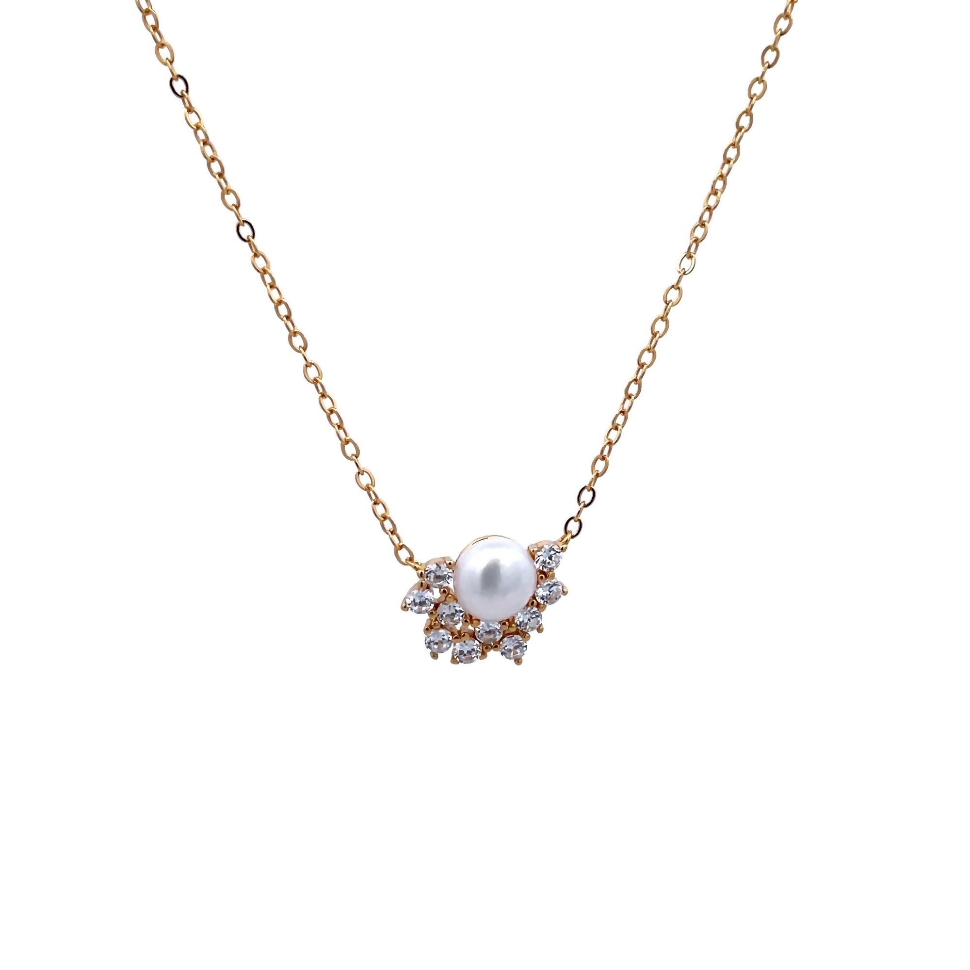925YG SEMI CLUSTER PEARL 6MM CZ NECKLACE