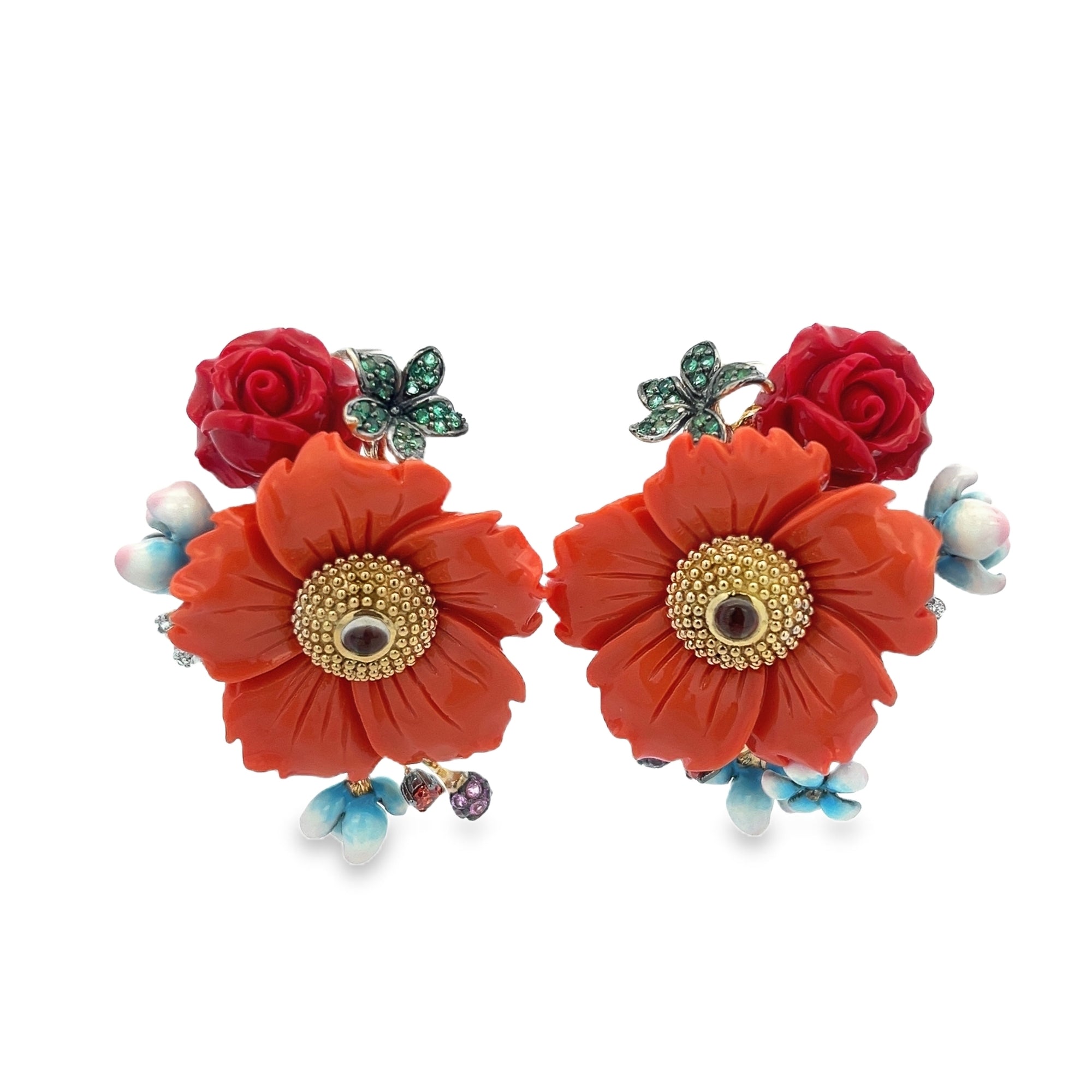 EARRING SILVER CENTER SYN PINK GREEN SMOKY ORANGE YELLOW WHITE CZ FL CORAL