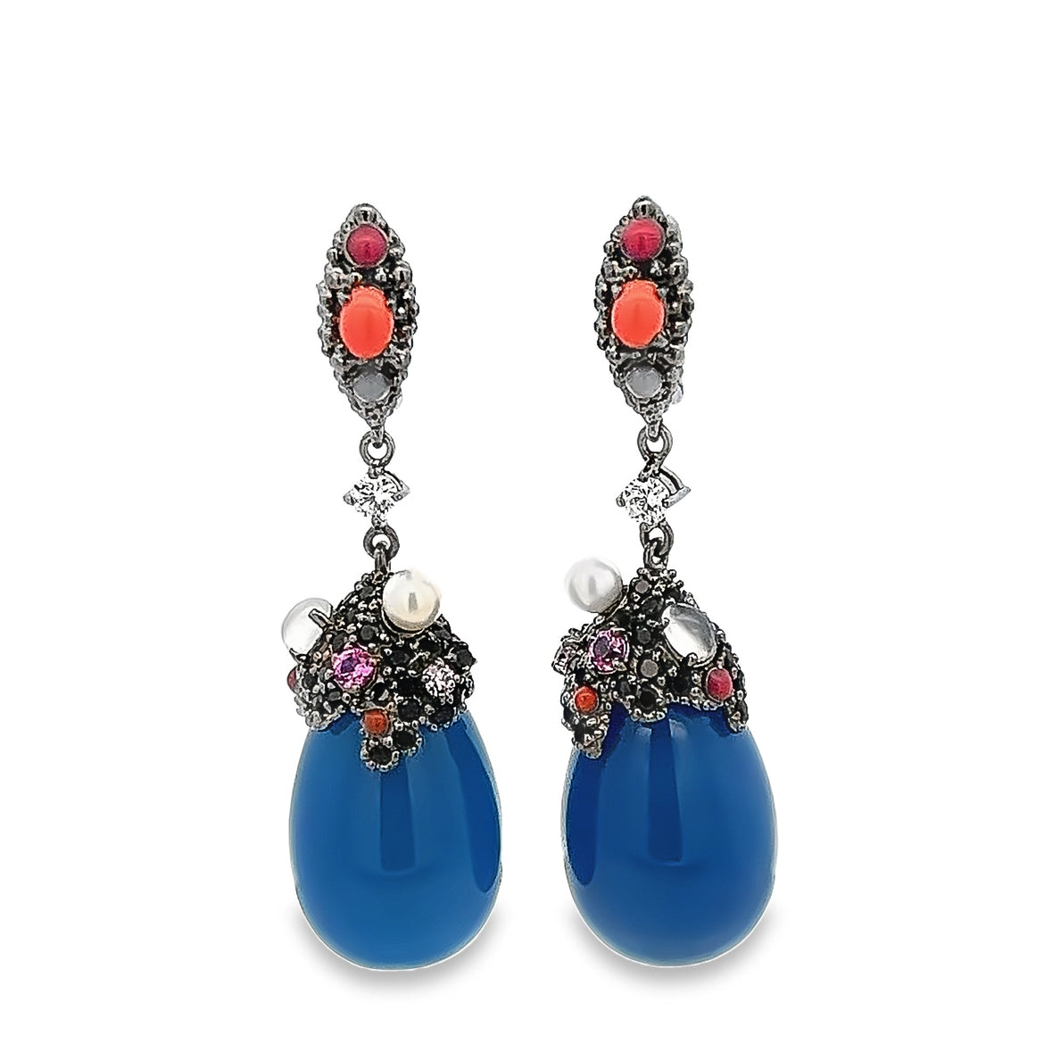 EARRING SILVER CENTER SYN TURQUOISE SYN PINK MOON STONE BL OR YL CH CZ