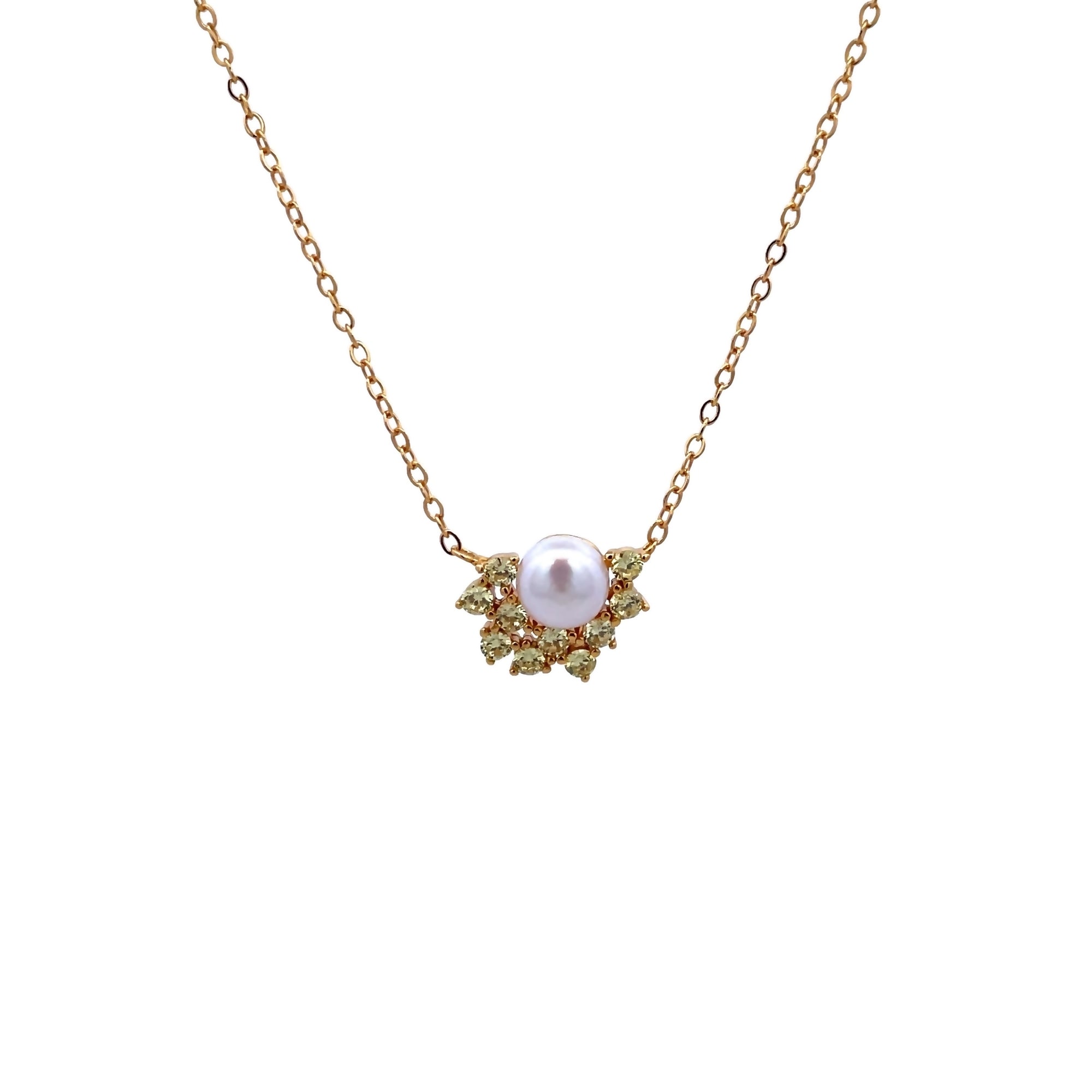 925YG SEMI CLUSTER PEARL 6MM CZ YELLOW NECKLACE