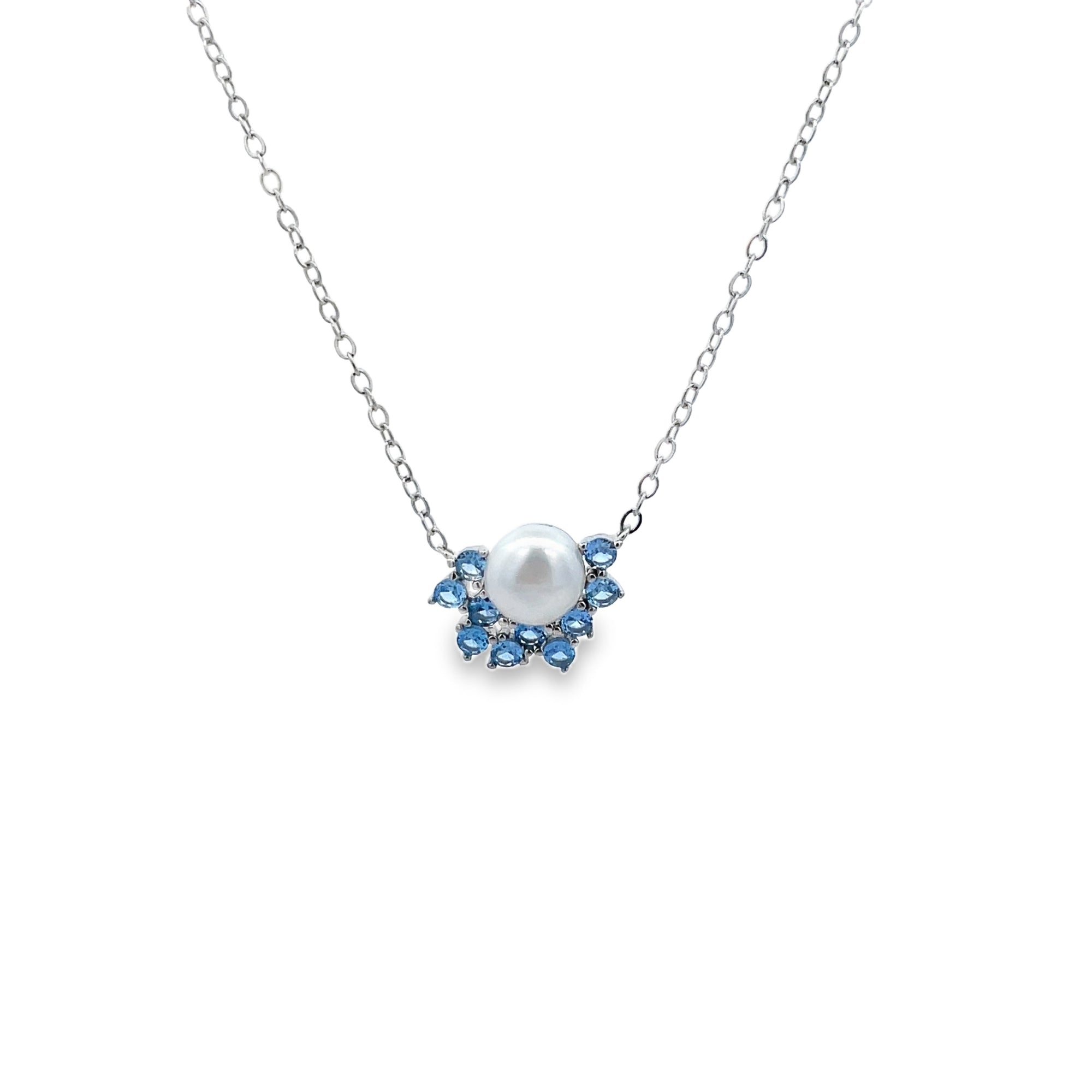 925SL SEMI CLUSTER PEARL 6MM CZ BLUE NECKLACE