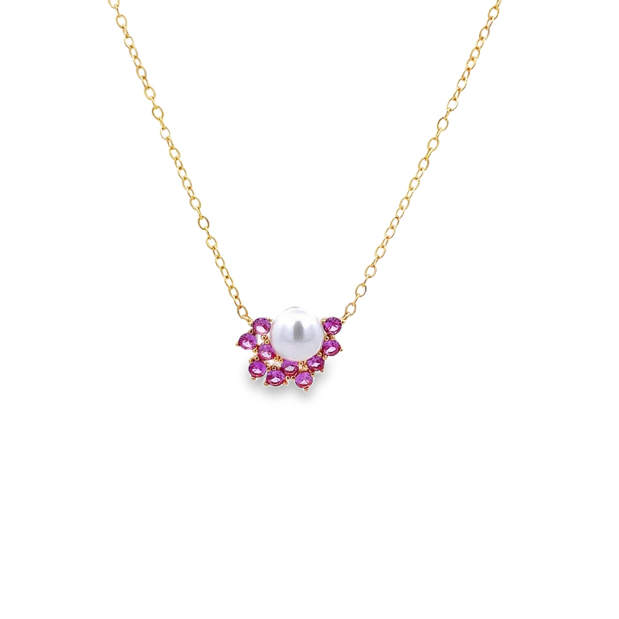 925YG SEMI CLUSTER PEARL 6MM CZ PINK NECKLACE