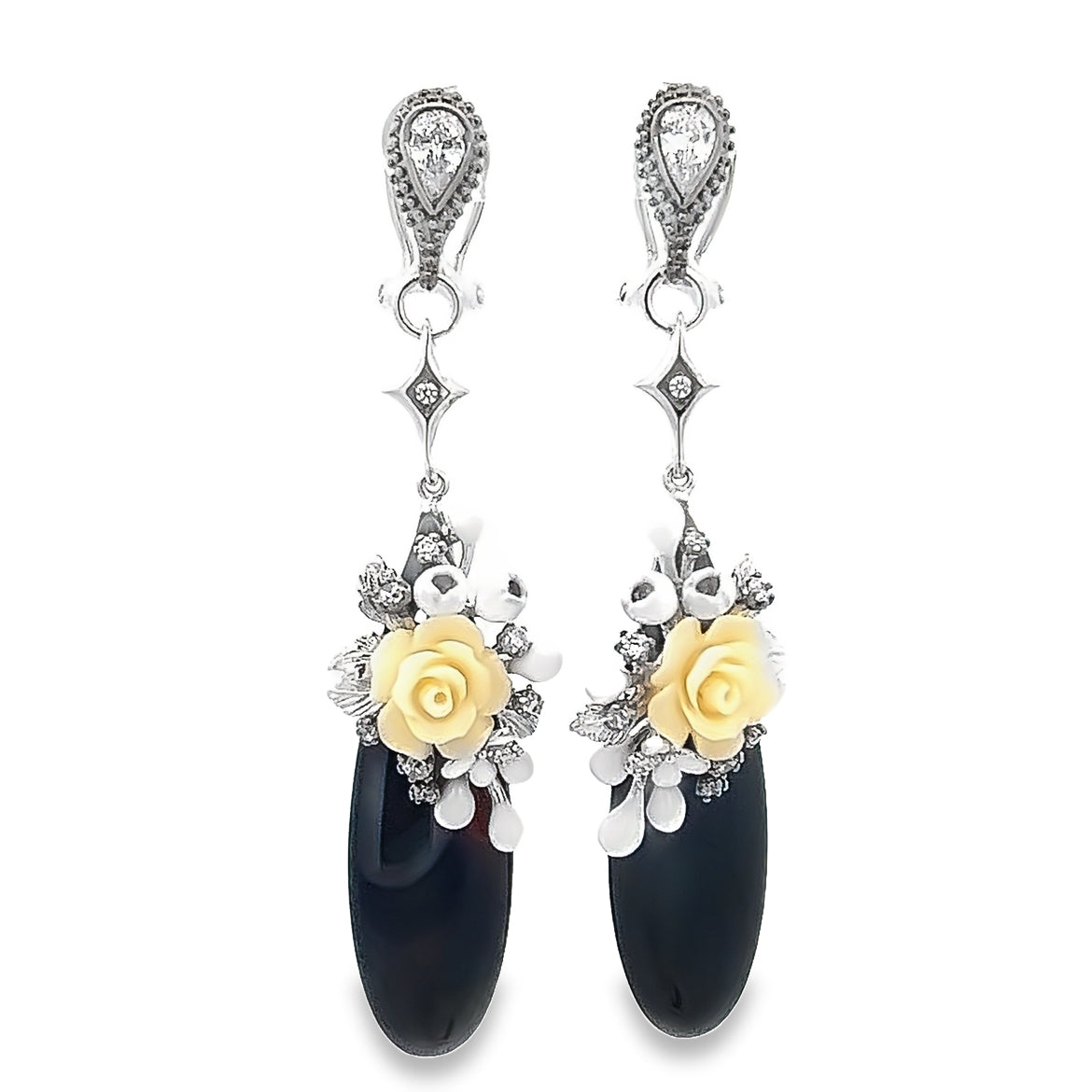 EARRING SILVER CENTER BLACK ONYX FL WHITE WHITE CZ