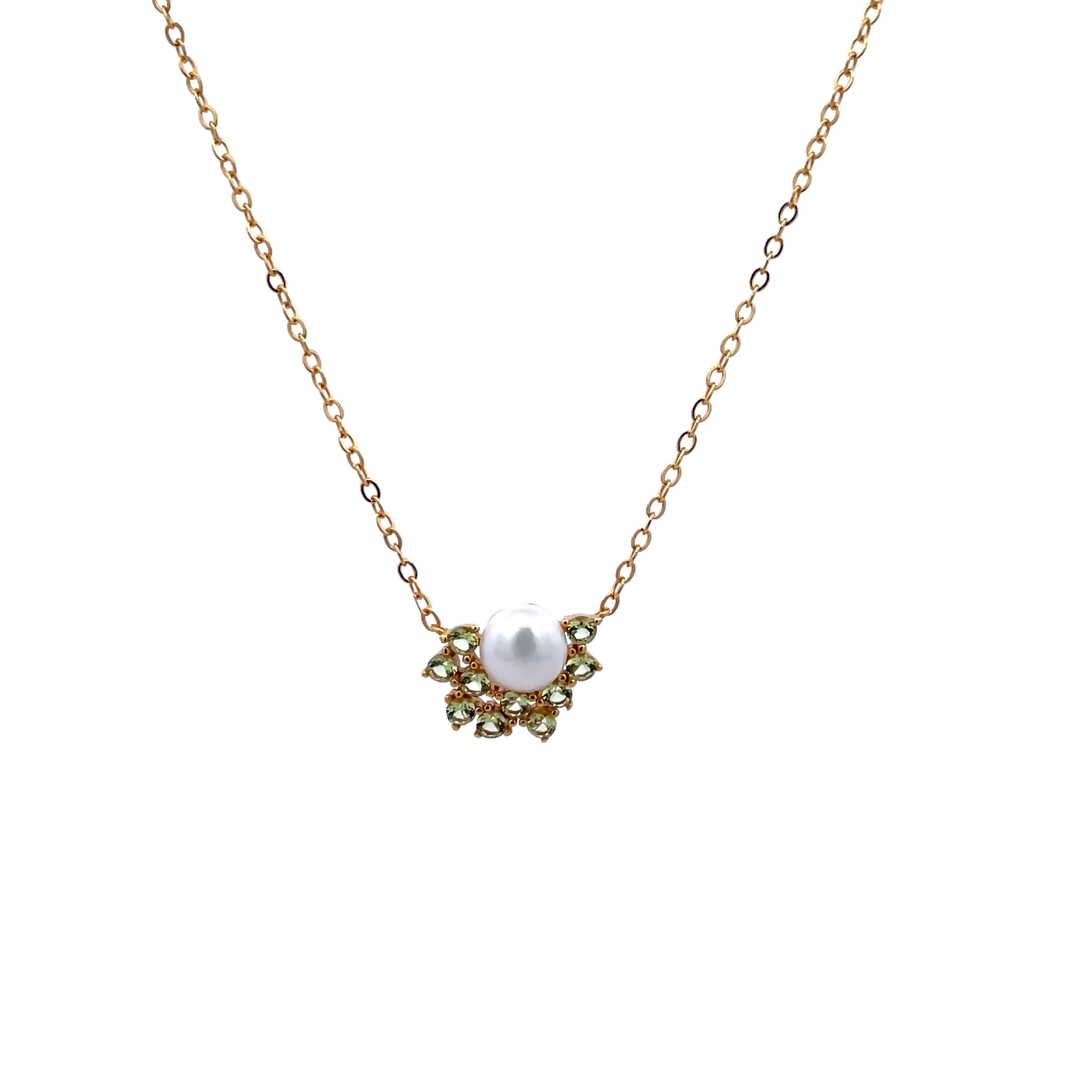 925YG SEMI CLUSTER PEARL 6MM CZ GREEN NECKLACE