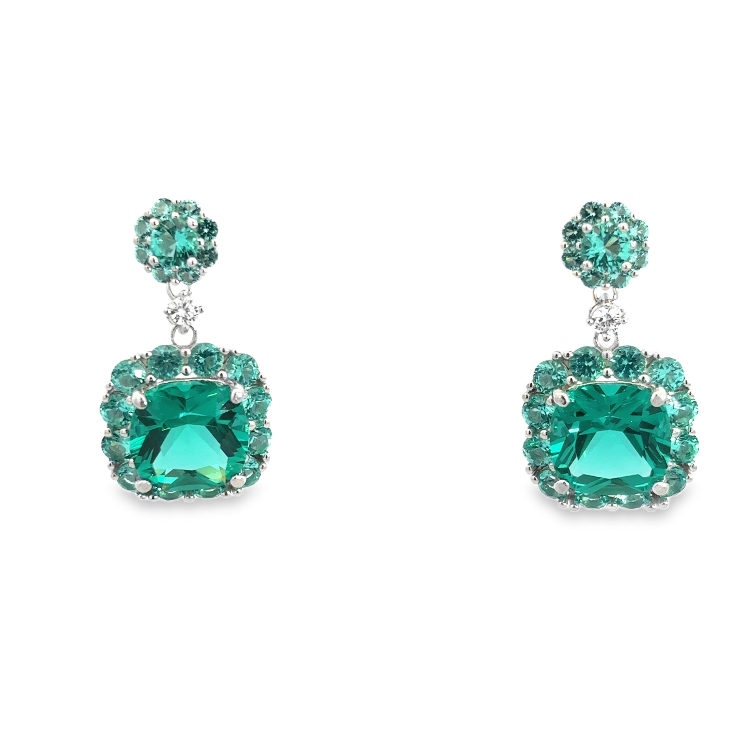 925SS MINI ROUND HANGING SQUARE SKY BLUE HALO CZ EARRINGS