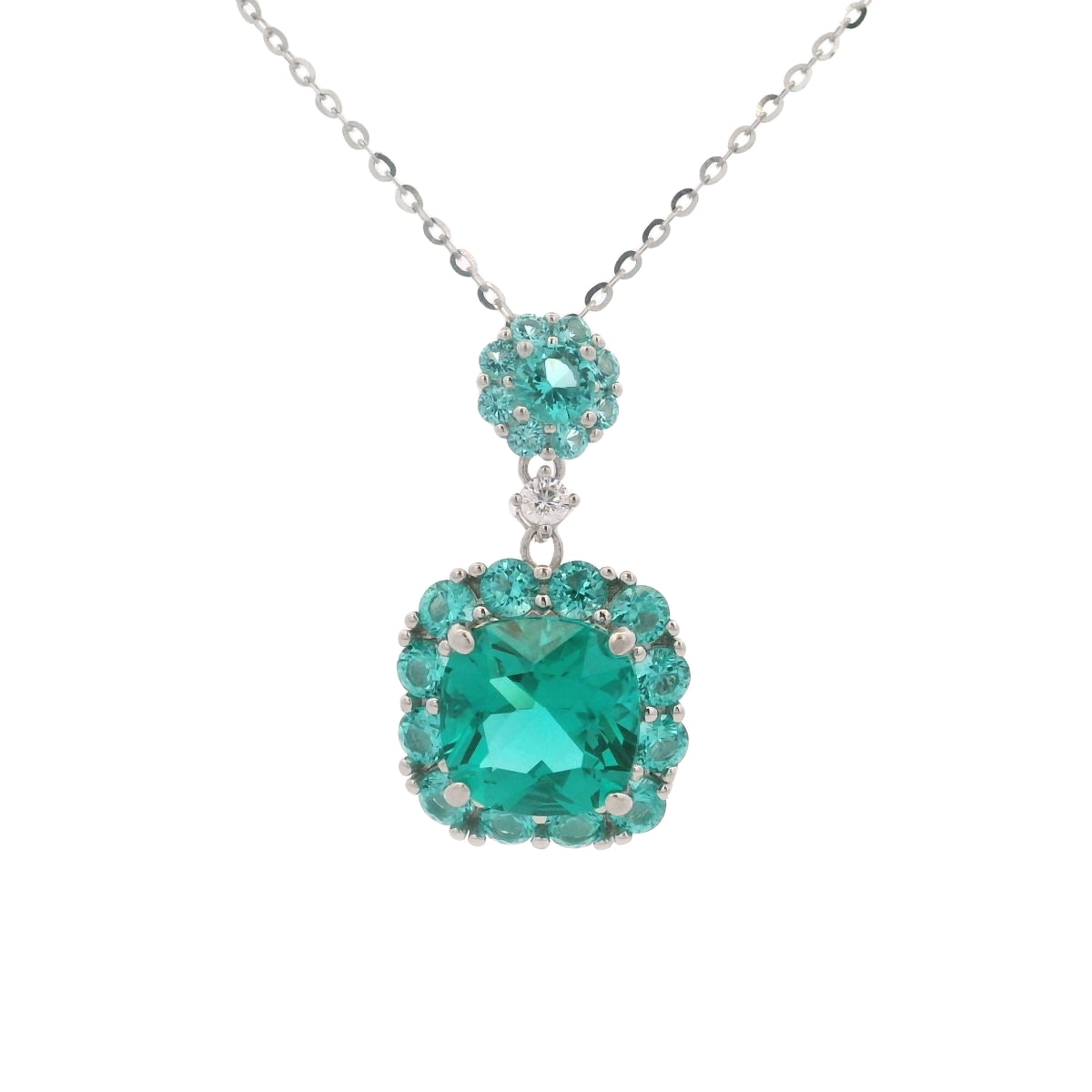 925SS MINI ROUND HANGING SQUARE SKY BLUE HALO CZ NECKLACE