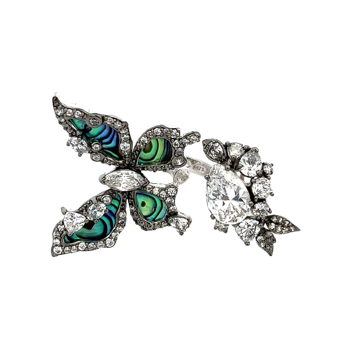 RING SILVER CENTER ABALONE MOP WHITE CZ