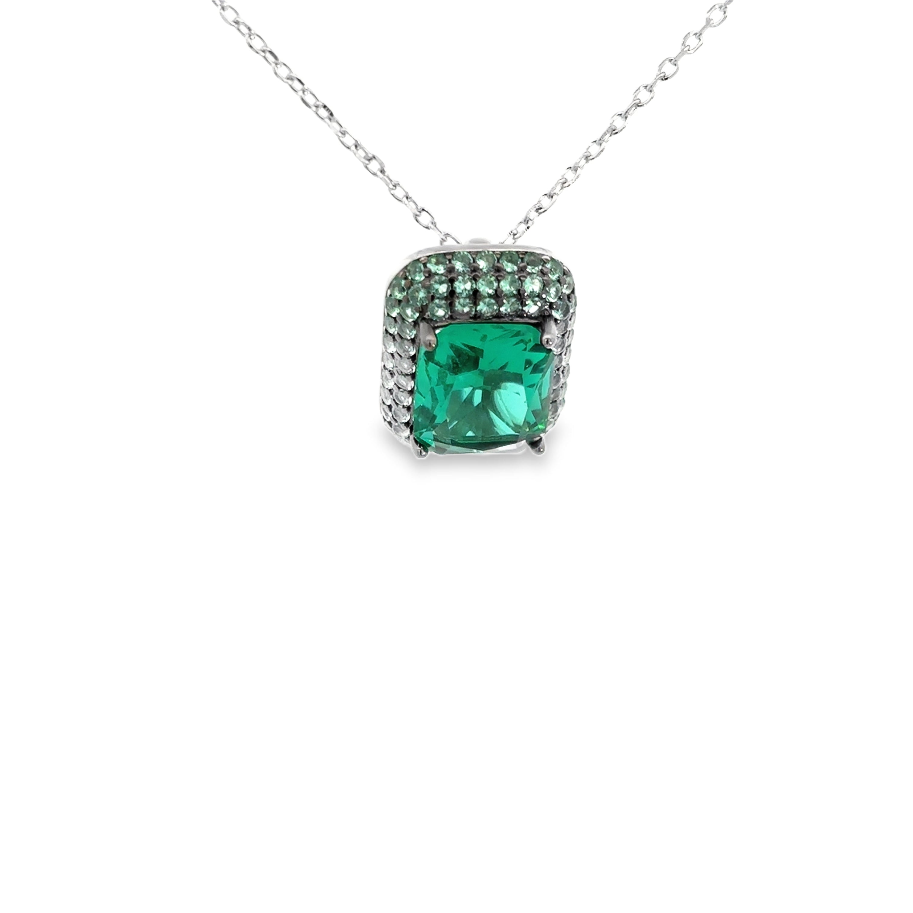 925SS RECTANGLE AND HALO PAVE GREEN CZ NECKLACE