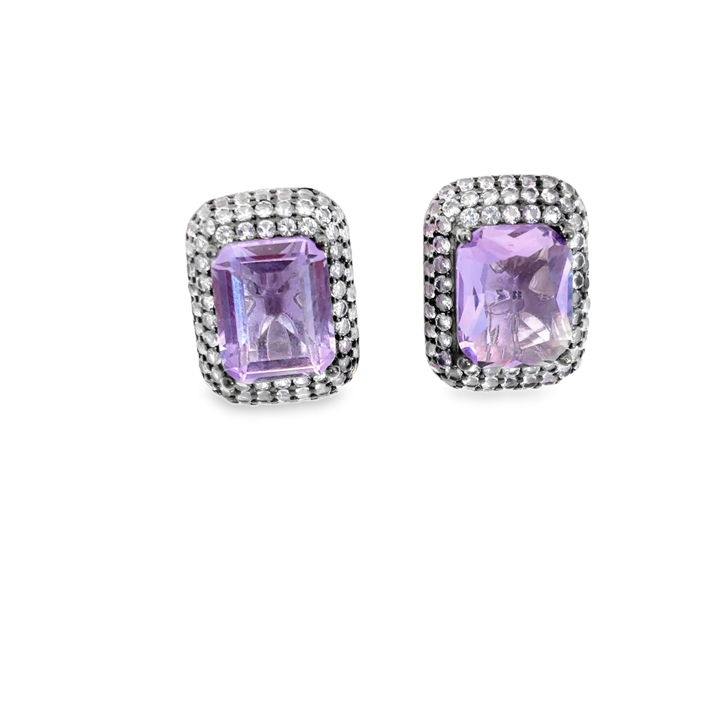 925SS RECTANGLE AND HALO PAVE PURPLE CZ EARRINGS