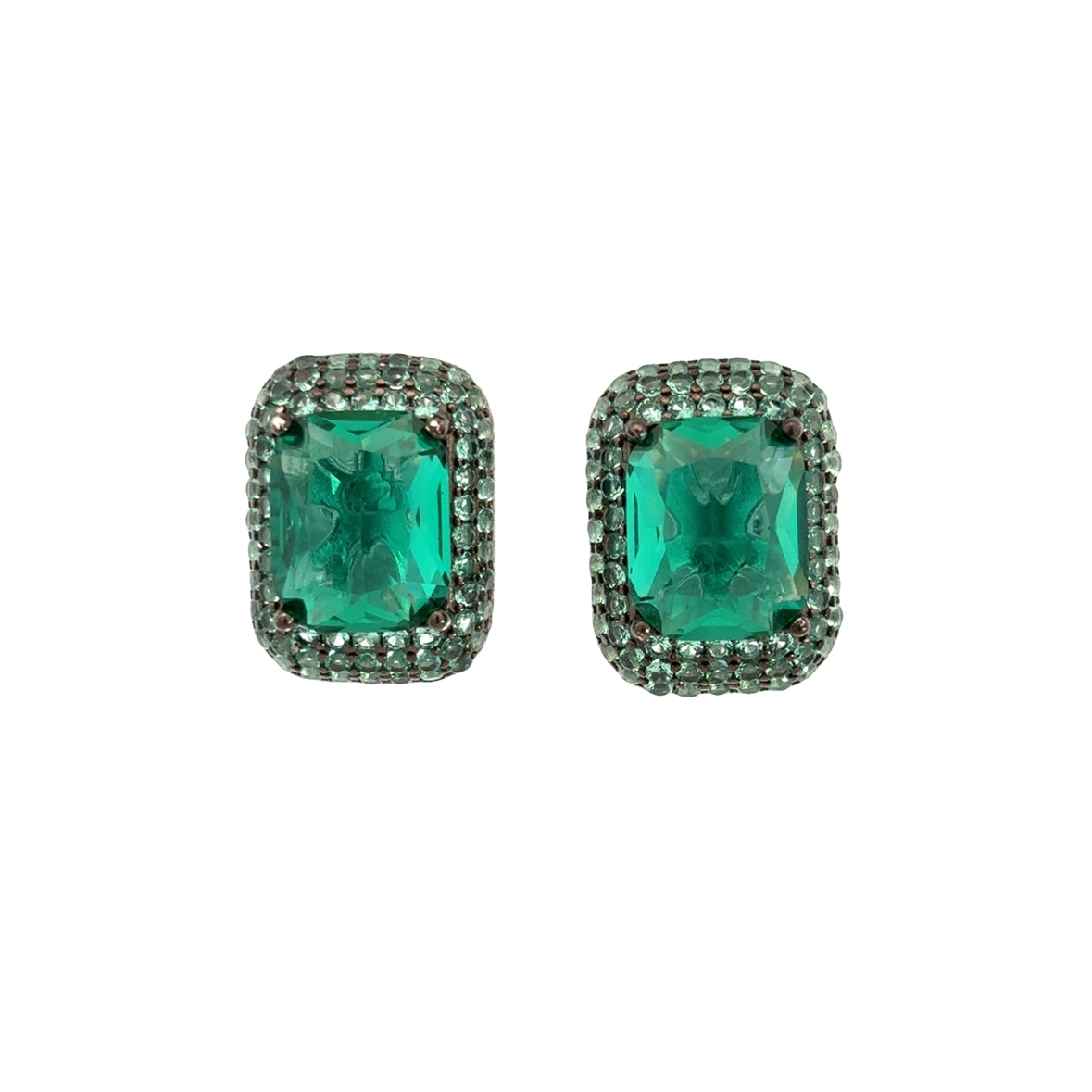 925SS RECTANGLE AND HALO PAVE GREEN CZ EARRINGS