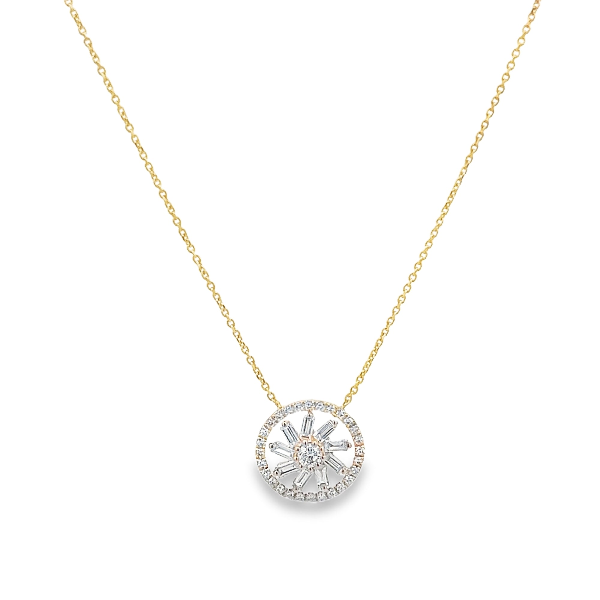 D0.10CT 14KY CIRCLE FLOWER BAGUETTE NECKLACE TPZ0.14CT