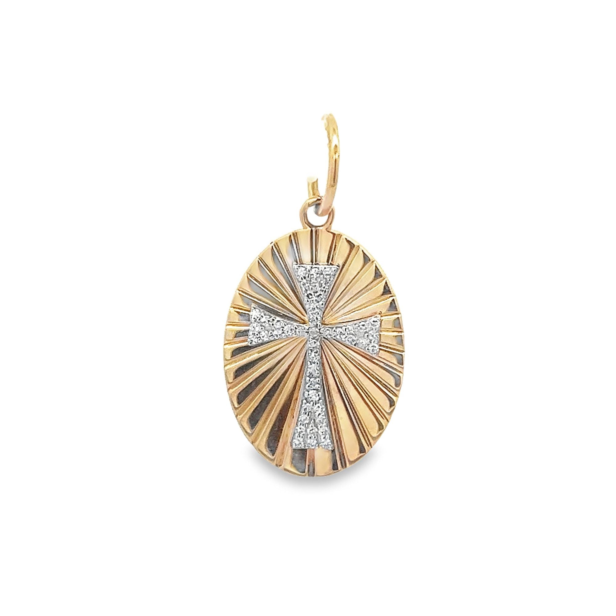 D0.09CT 14KY OVAL STRIPED CROSS PAVE PENDANT