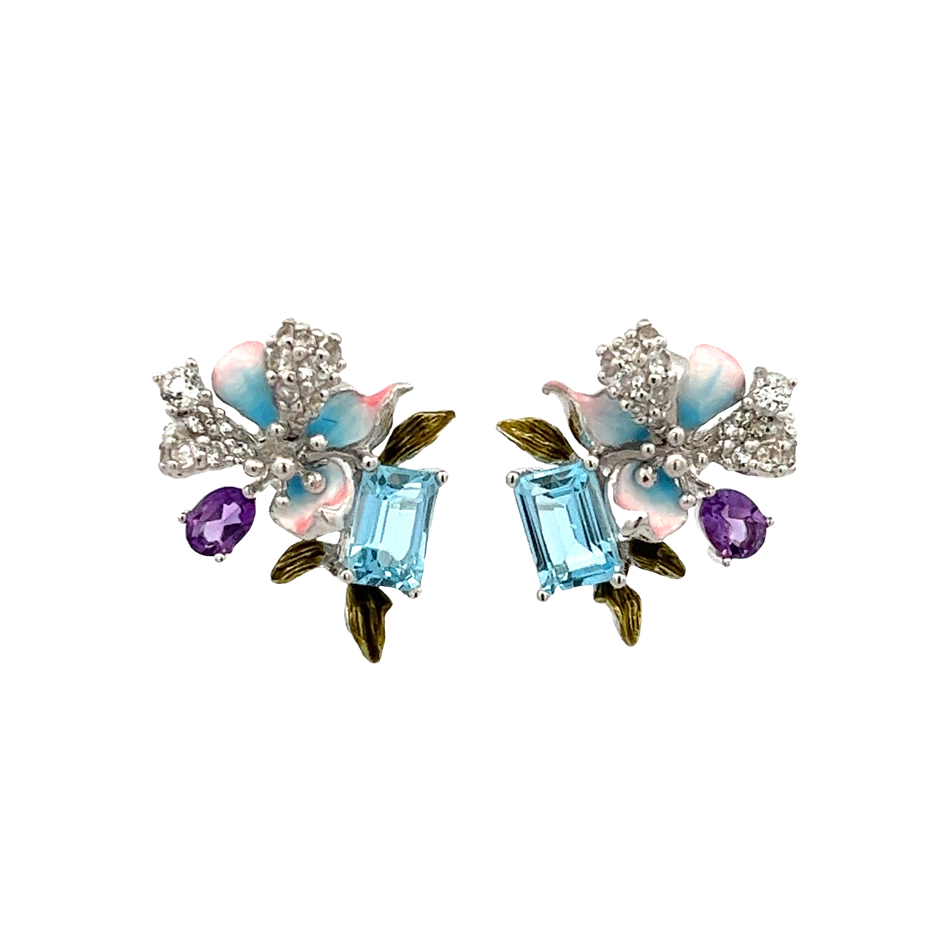 EARRING SILVER CENTER BLUE TOPAZ AMETHYST WHITE TOPAZ