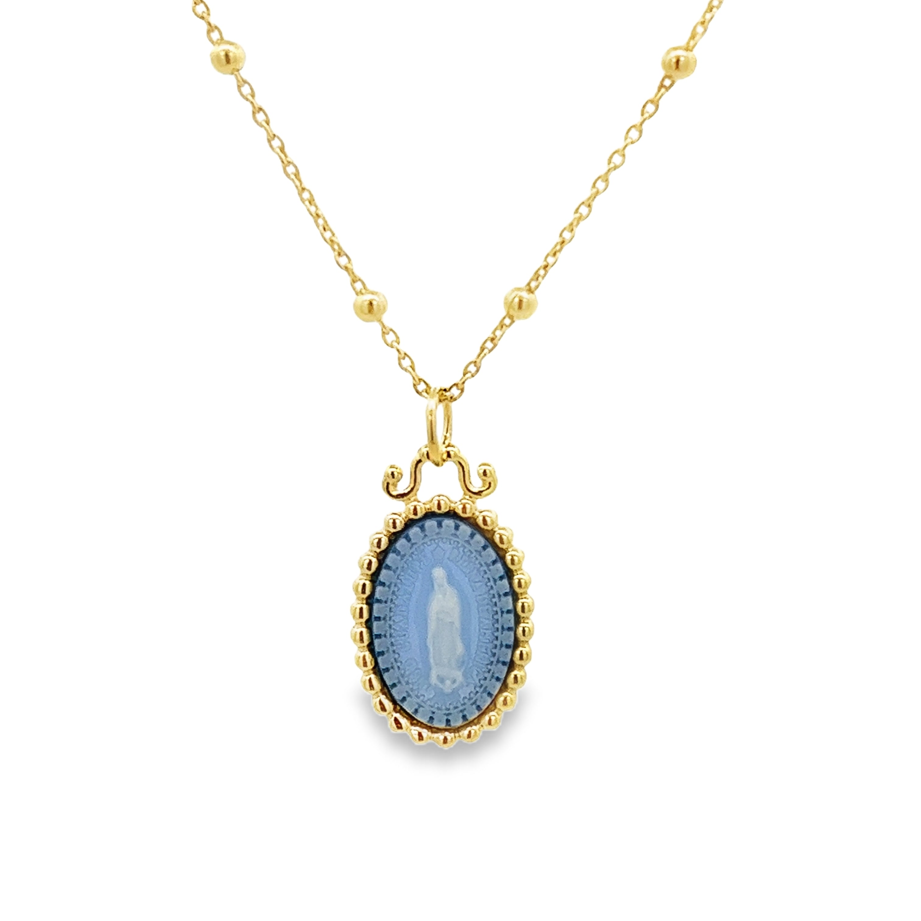 ROSARIO PLATA CON CHAPA DE ORO CON MINI MEDALLA GUADALUPE EN AGATA AZUL