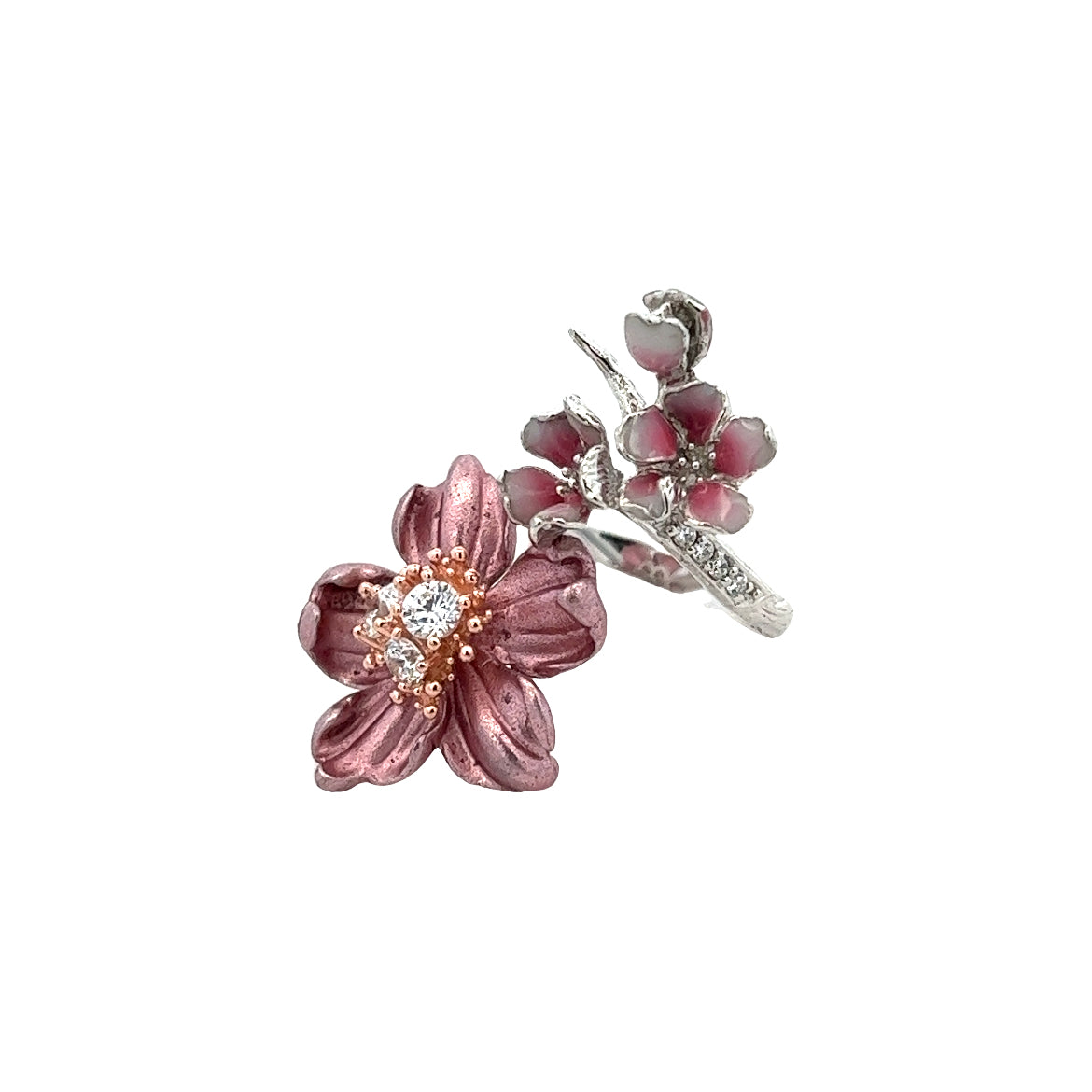 RING SILVER ALUMINIUM FLOWER PINK WHITE CZ