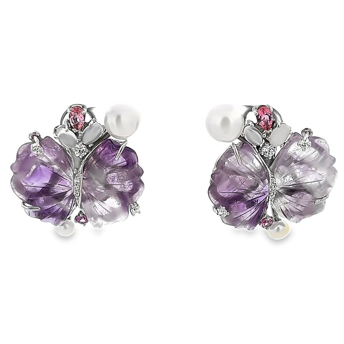 EARRING SILVER CENTER AMETHYST MOON STONE RED GLASS WHITE NATURAL PEARL WHITE