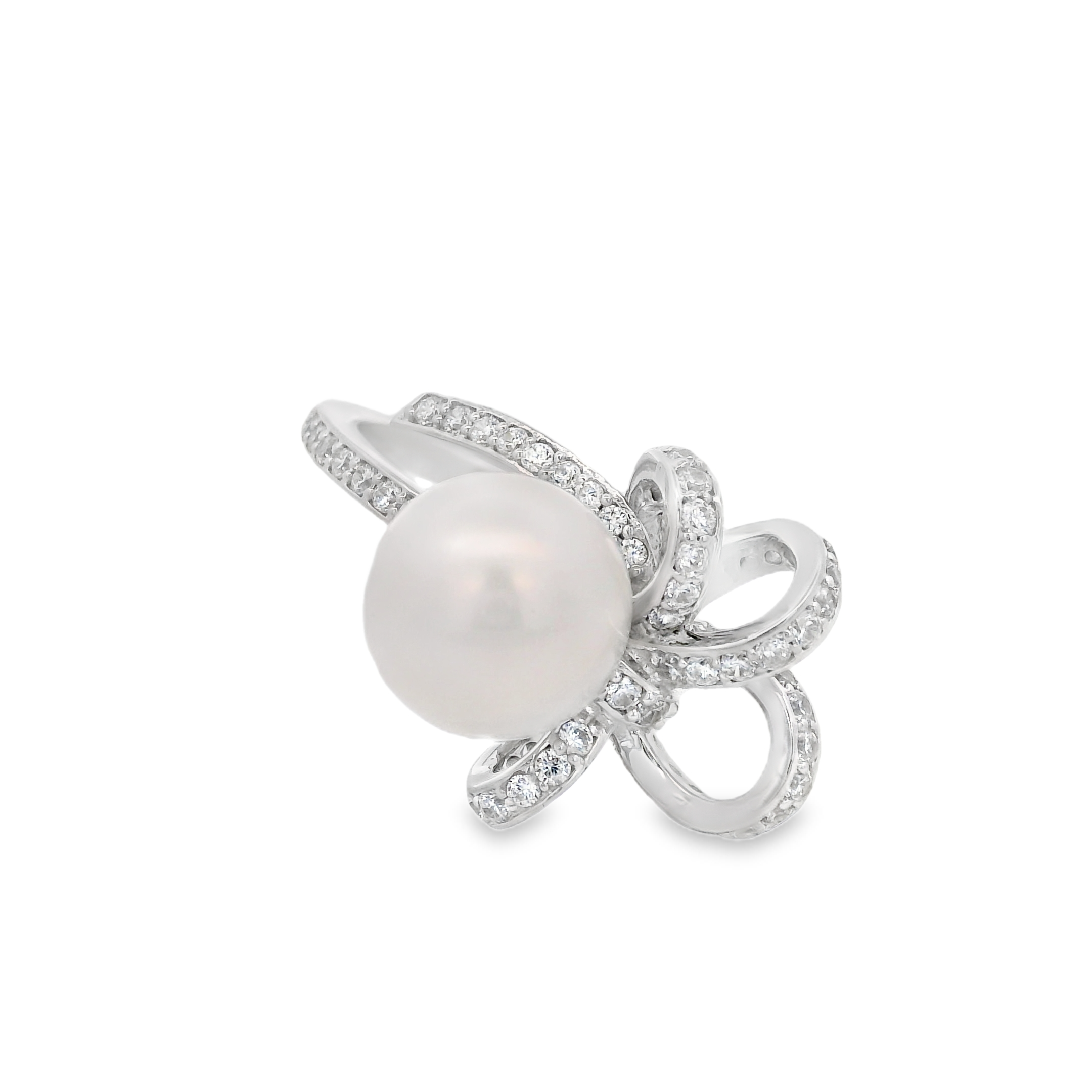 925SL RIBBON KNOT PAVE AND PEARL RING T6 T7 T8