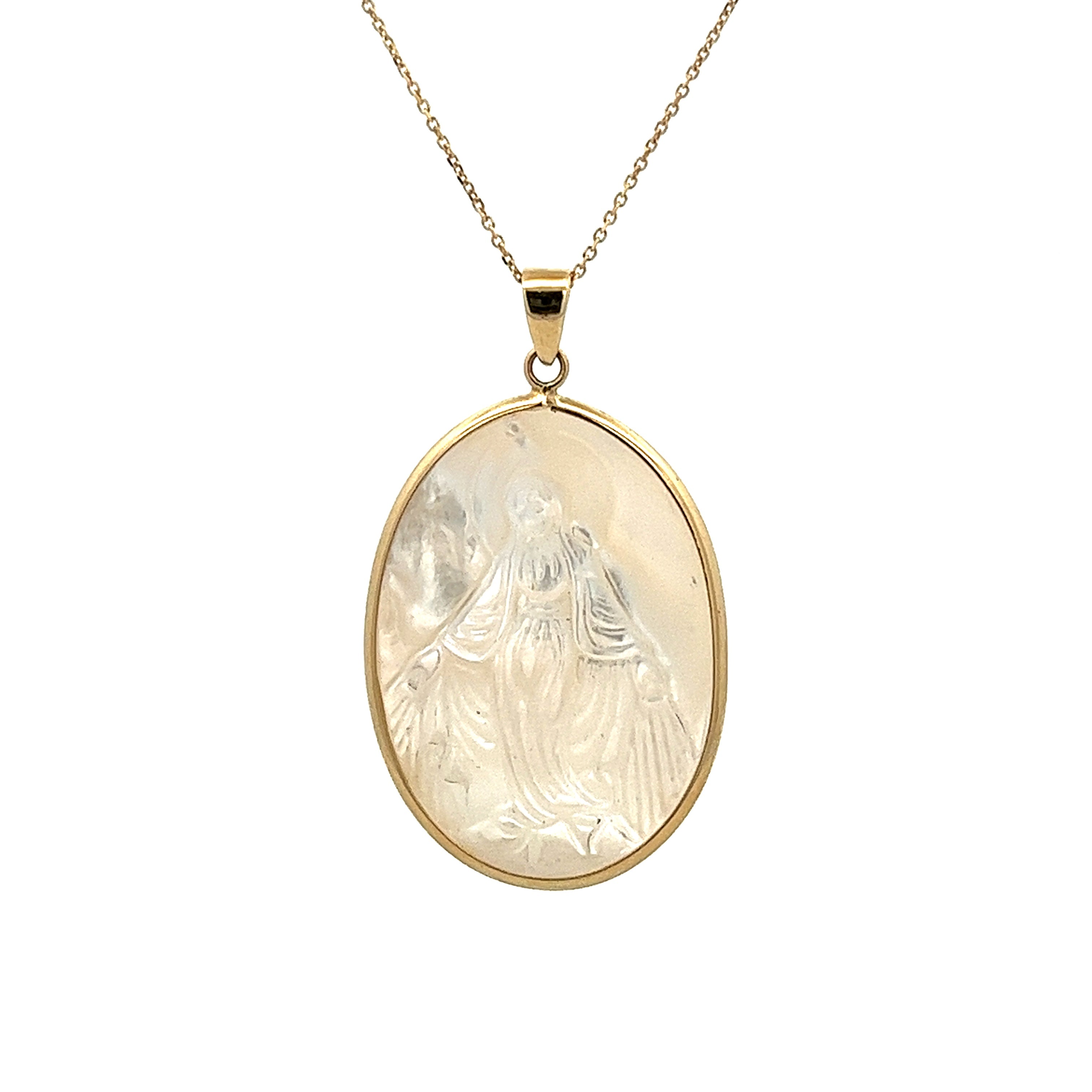 MEDALLA DE LA VIRGEN MILAGROSA EN CONCHA NACAR EN ORO AMARILLO 14K