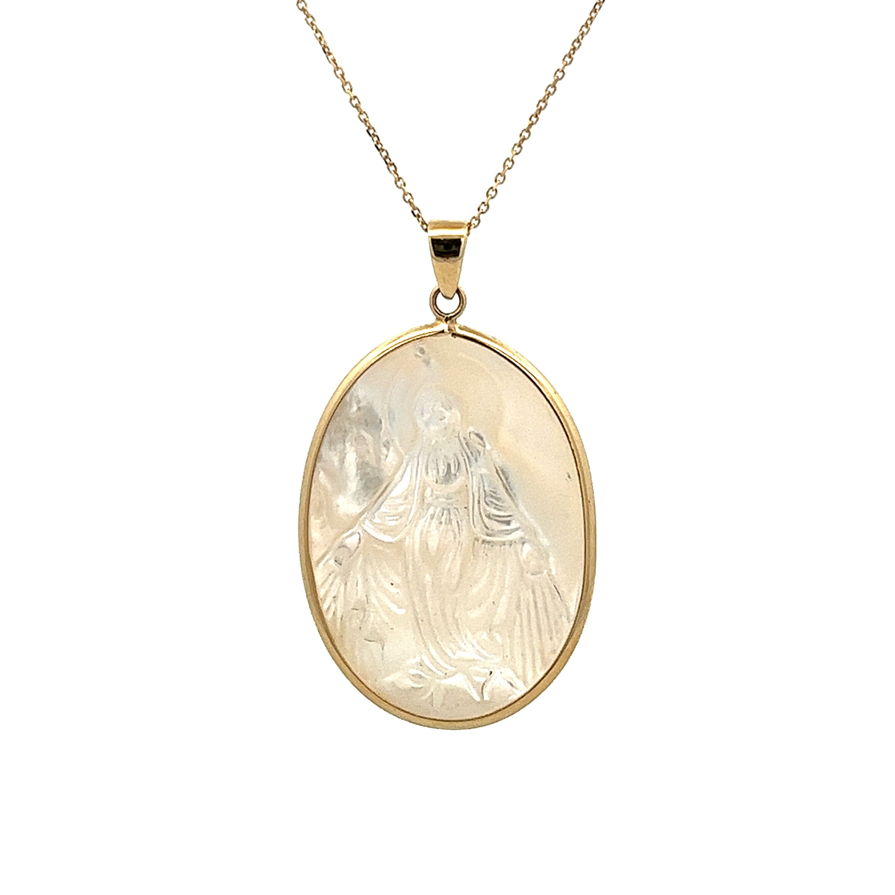 14K GOLD MIRACULOUS VIRGIN PENDANT IN MOTHER OF PEARL