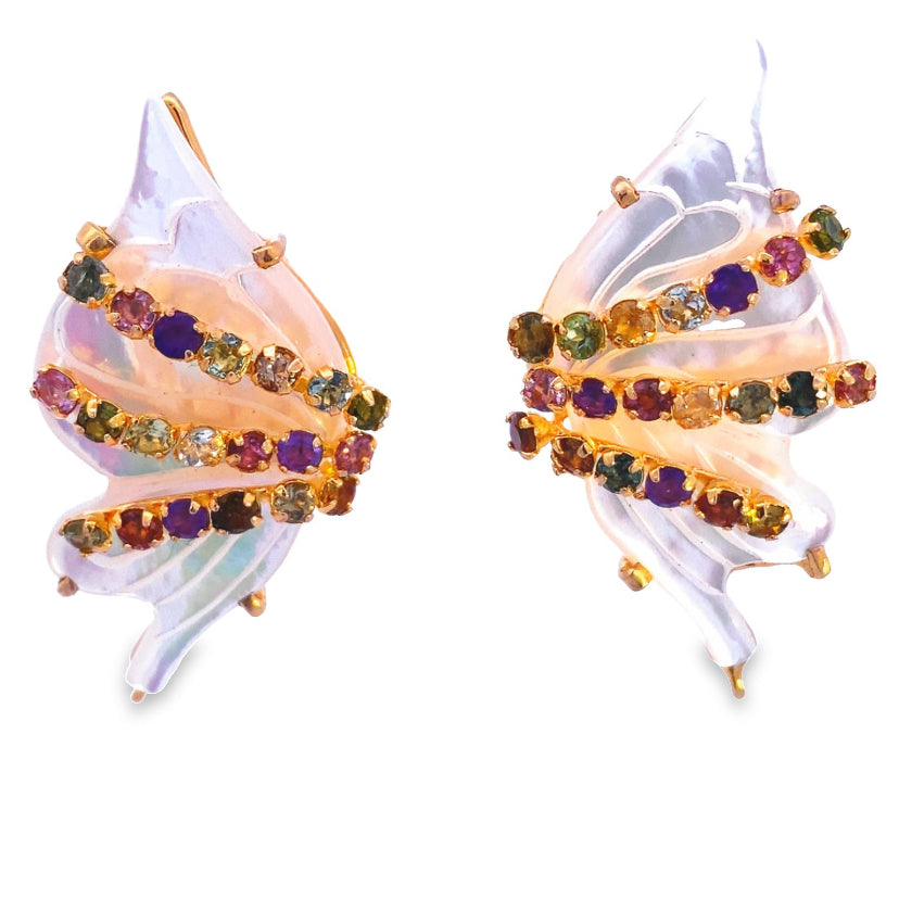 BUTTERFLY EARRINGS WITH MULTI COLORS TOURMALINES AND MOTHER O PEARL